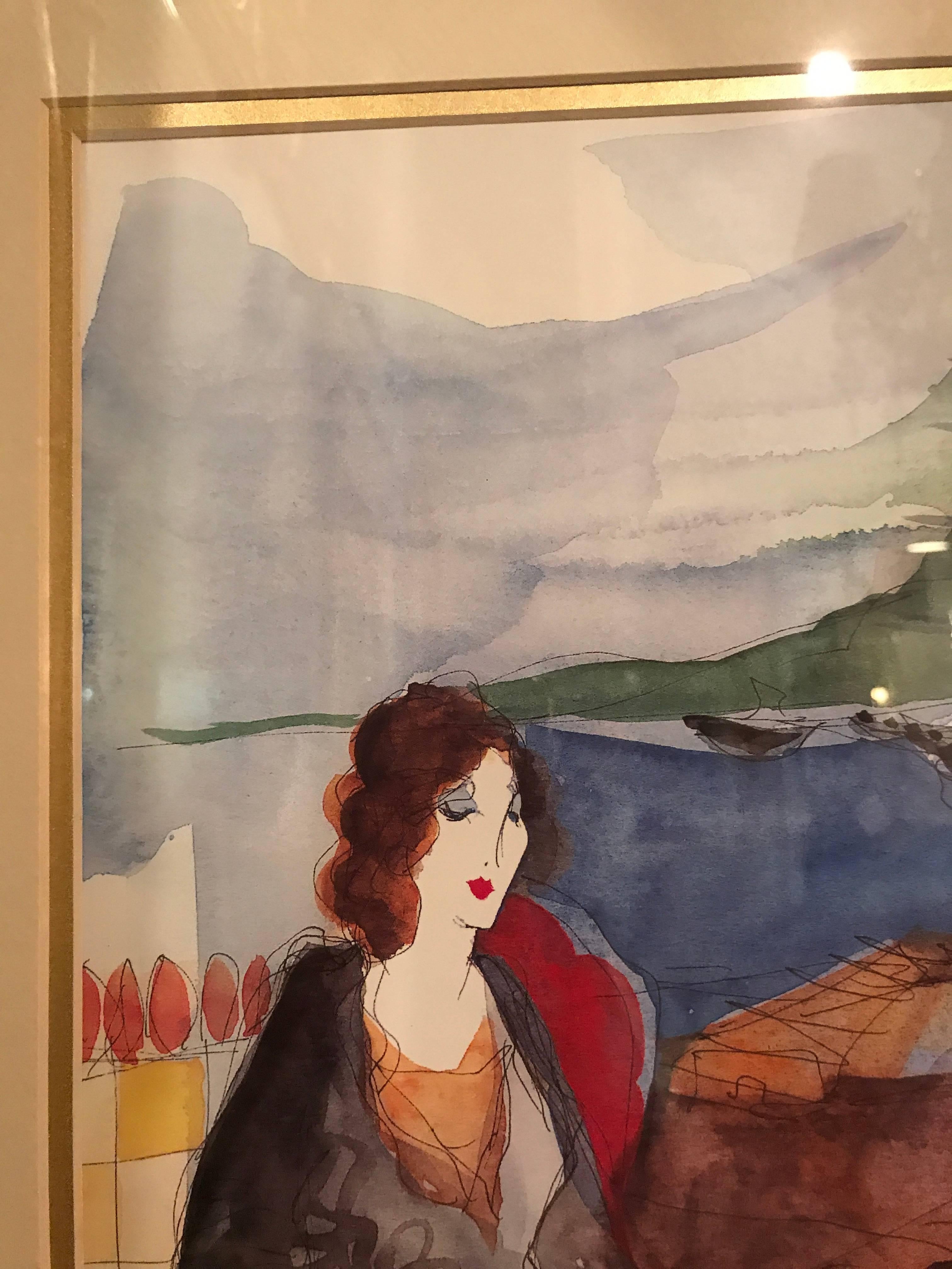 Itzchak Tarkay Lithograph of an Outdoor Cafe Matted and Framed In Good Condition In Manhasset, NY