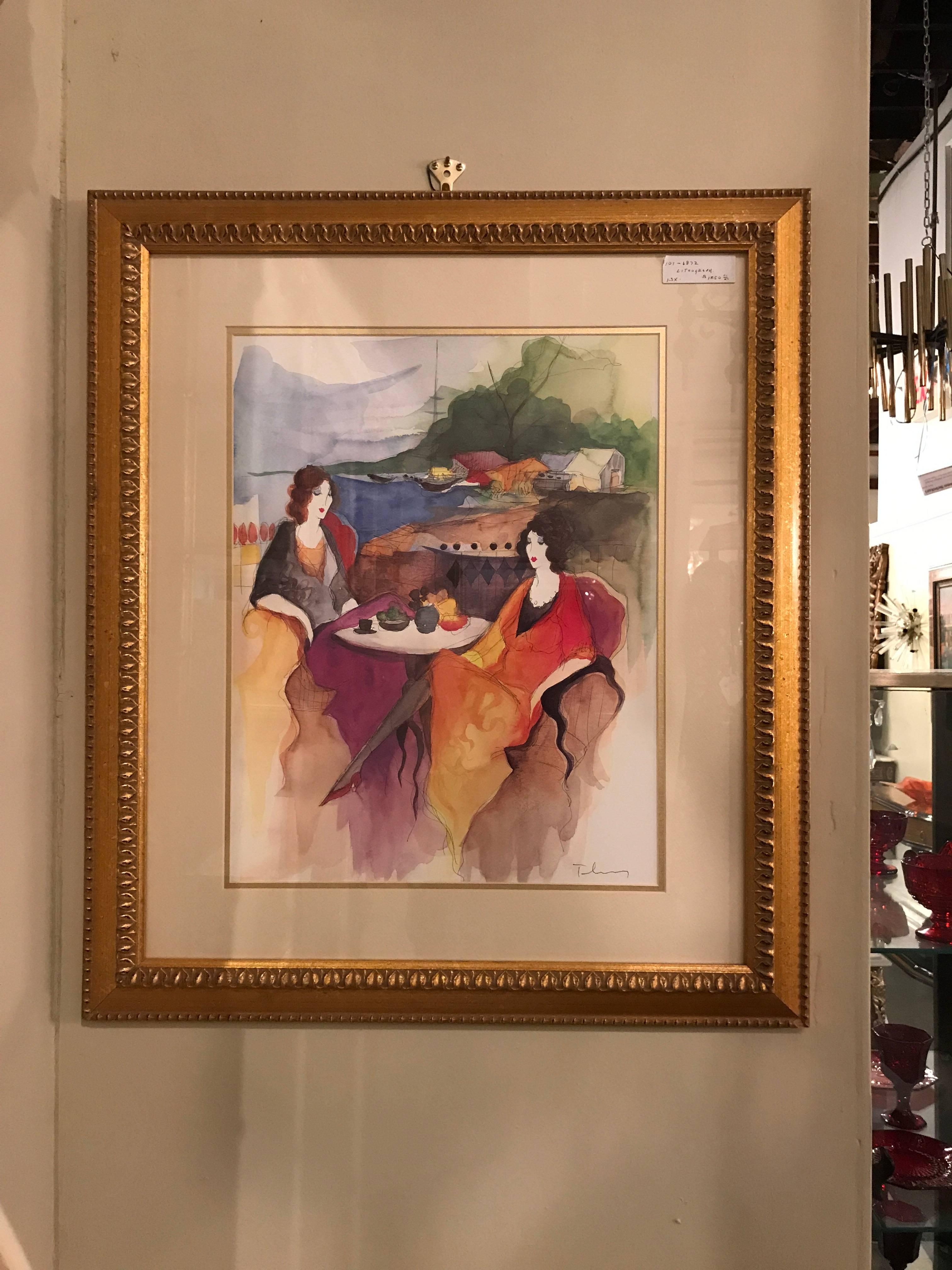 Tarkay lithograph outdoor cafe. Matted and framed.
Itzchak Tarkay was born in 1935 in Subotica on the Yugoslav-Hungarian border. At the age of nine, Tarkay and his family were sent to the Mauthausen Concentration Camp by the Nazis until Allied