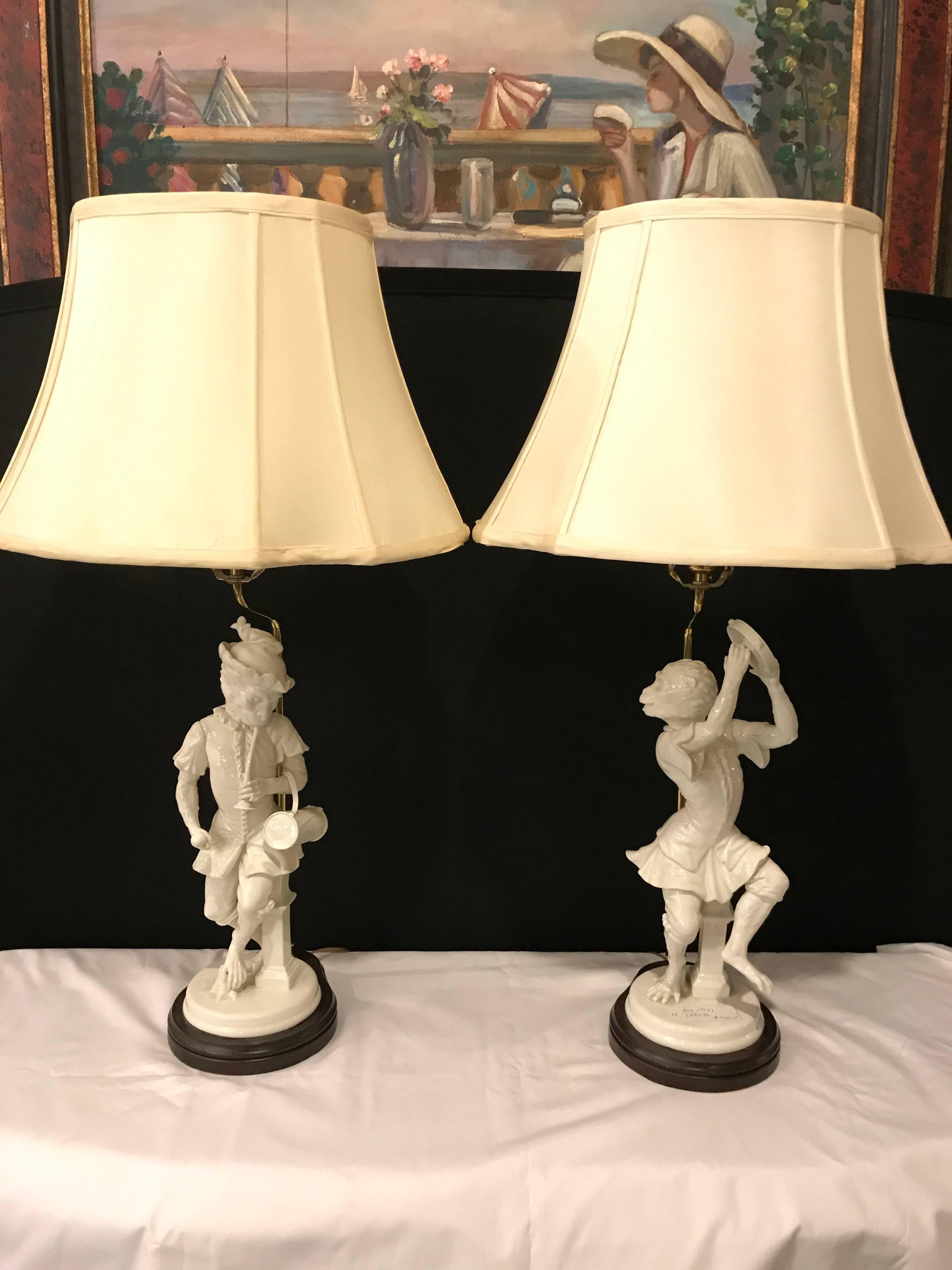 Pair of White Porcelain Opposing Monkey Lamps 3