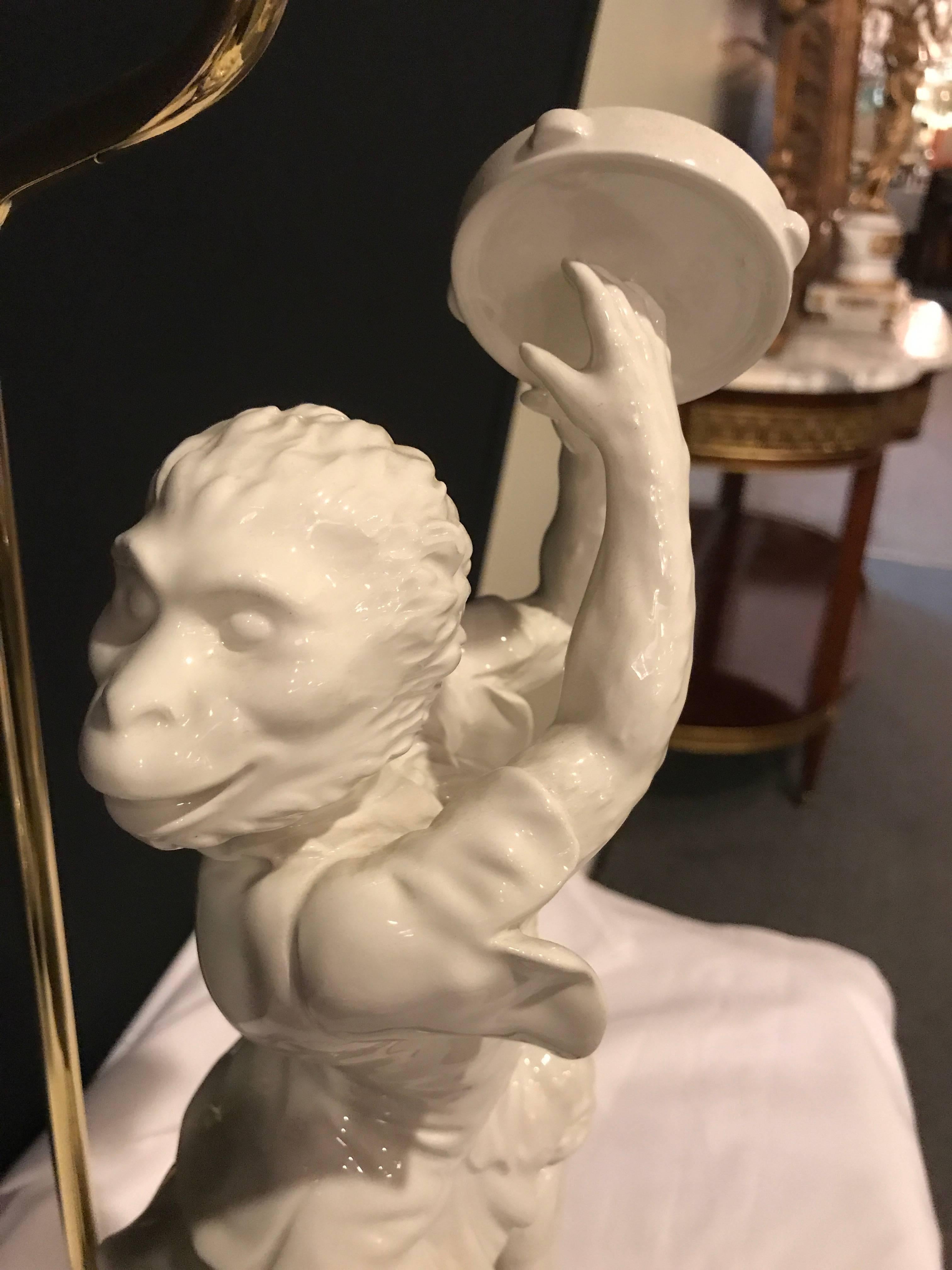 Pair of White Porcelain Opposing Monkey Lamps 5
