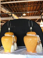 Pair of Yellow Glazed Ceramic Jardinière Lidded Vases Mounted for Lamps