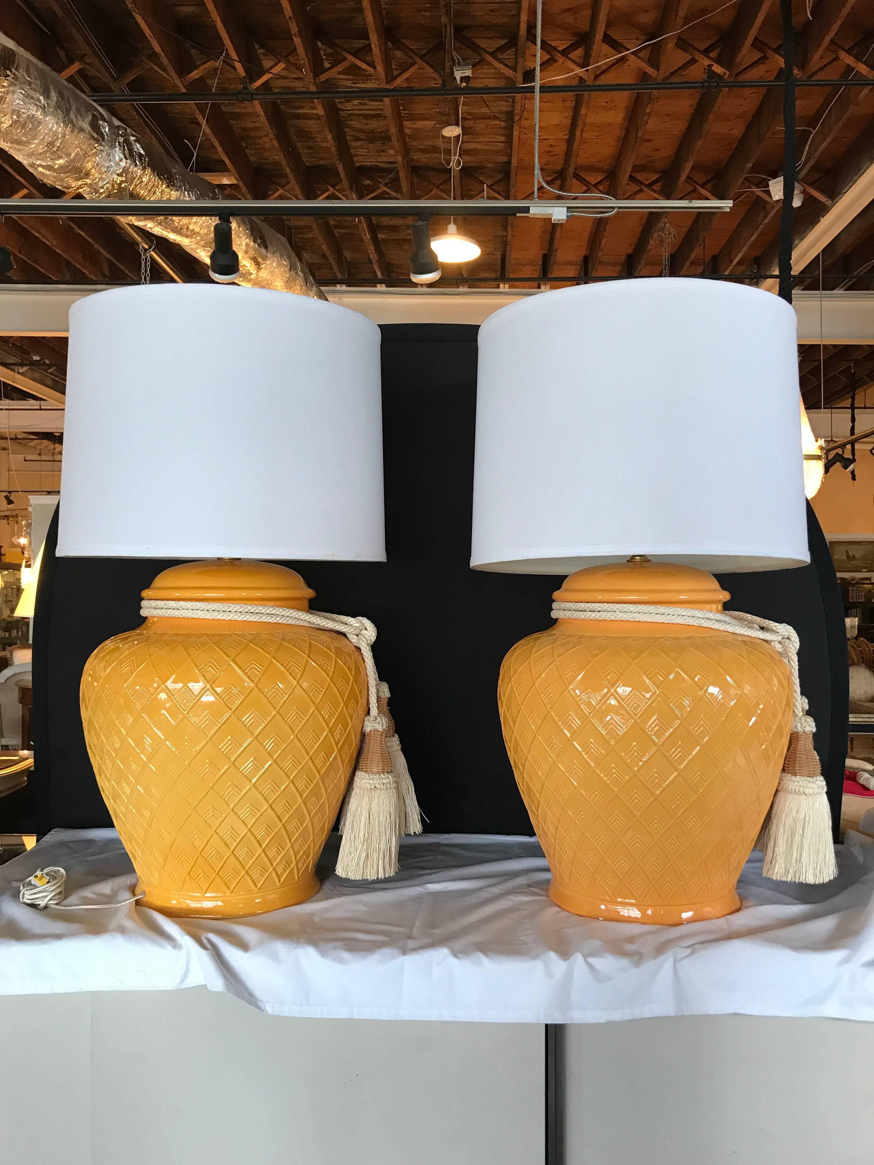 Hollywood Regency Pair of Yellow Glazed Ceramic Jardinière Lidded Vases Mounted for Lamps