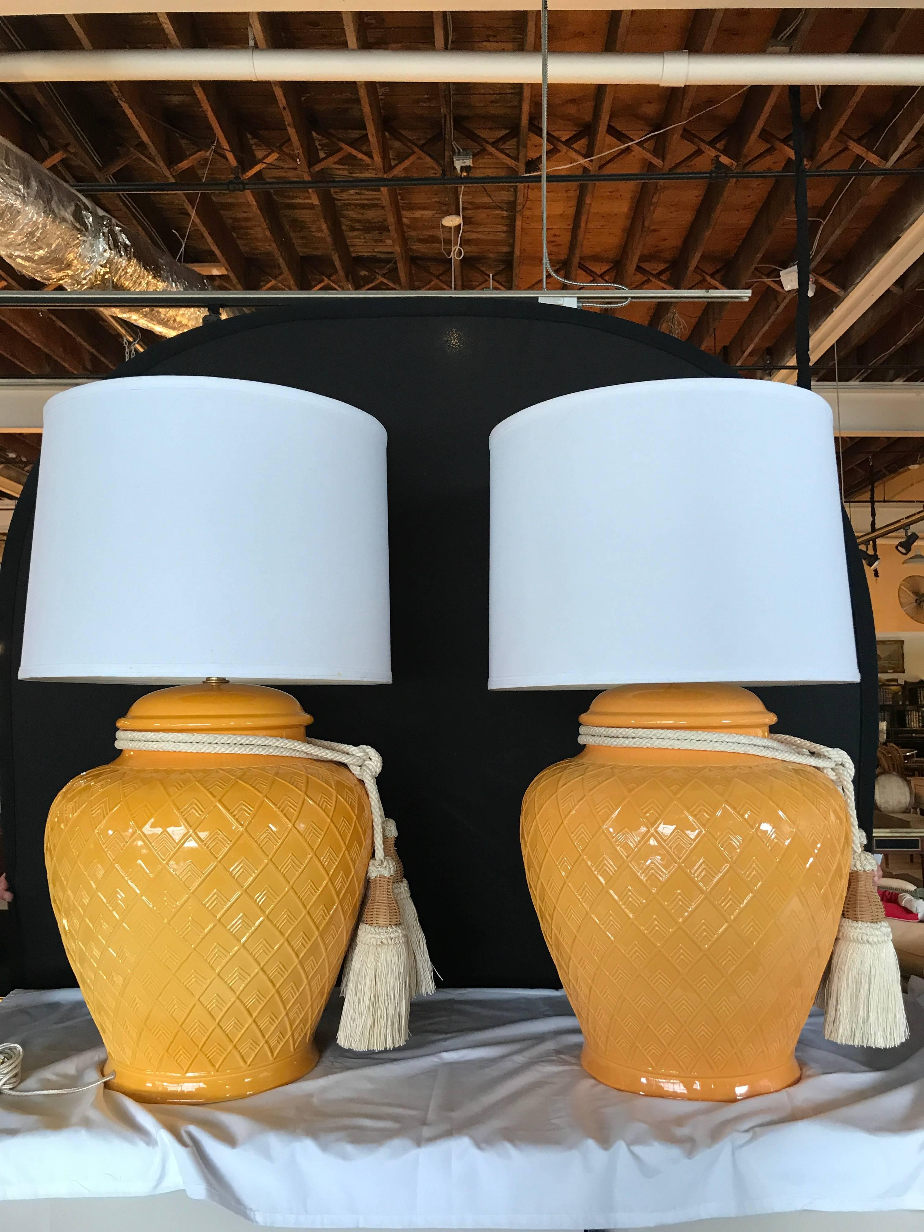 Pair of Yellow Glazed Ceramic Jardinière Lidded Vases Mounted for Lamps In Good Condition In Stamford, CT