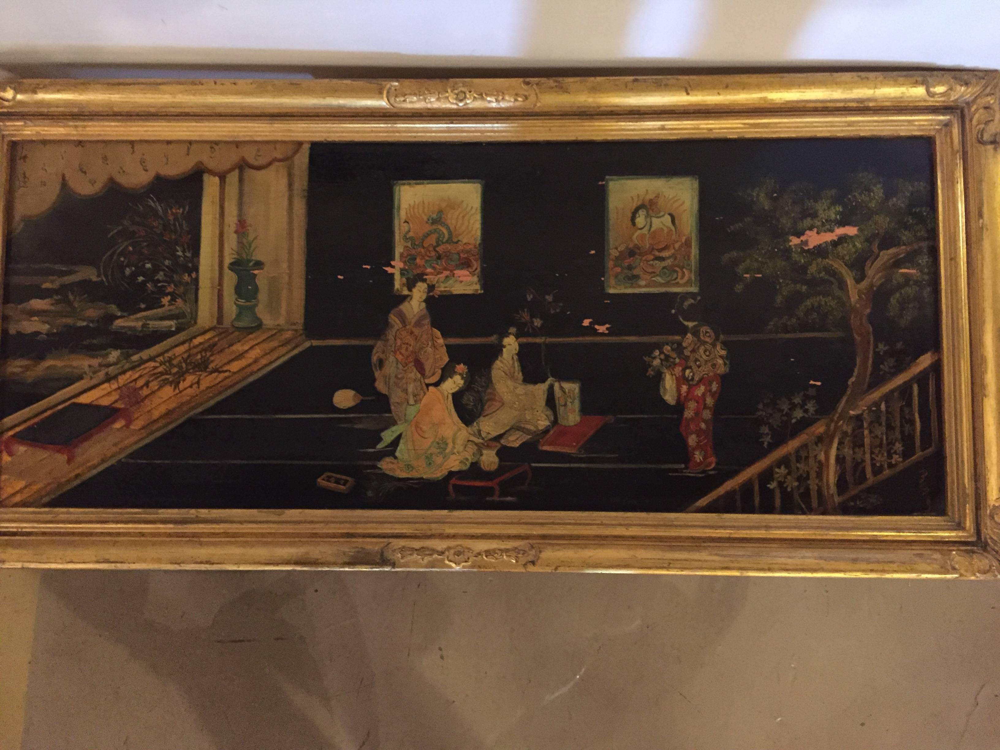 20th Century Louis XV Style Chinoiserie Gilt Base Coffee Low Table Depicting Geishas