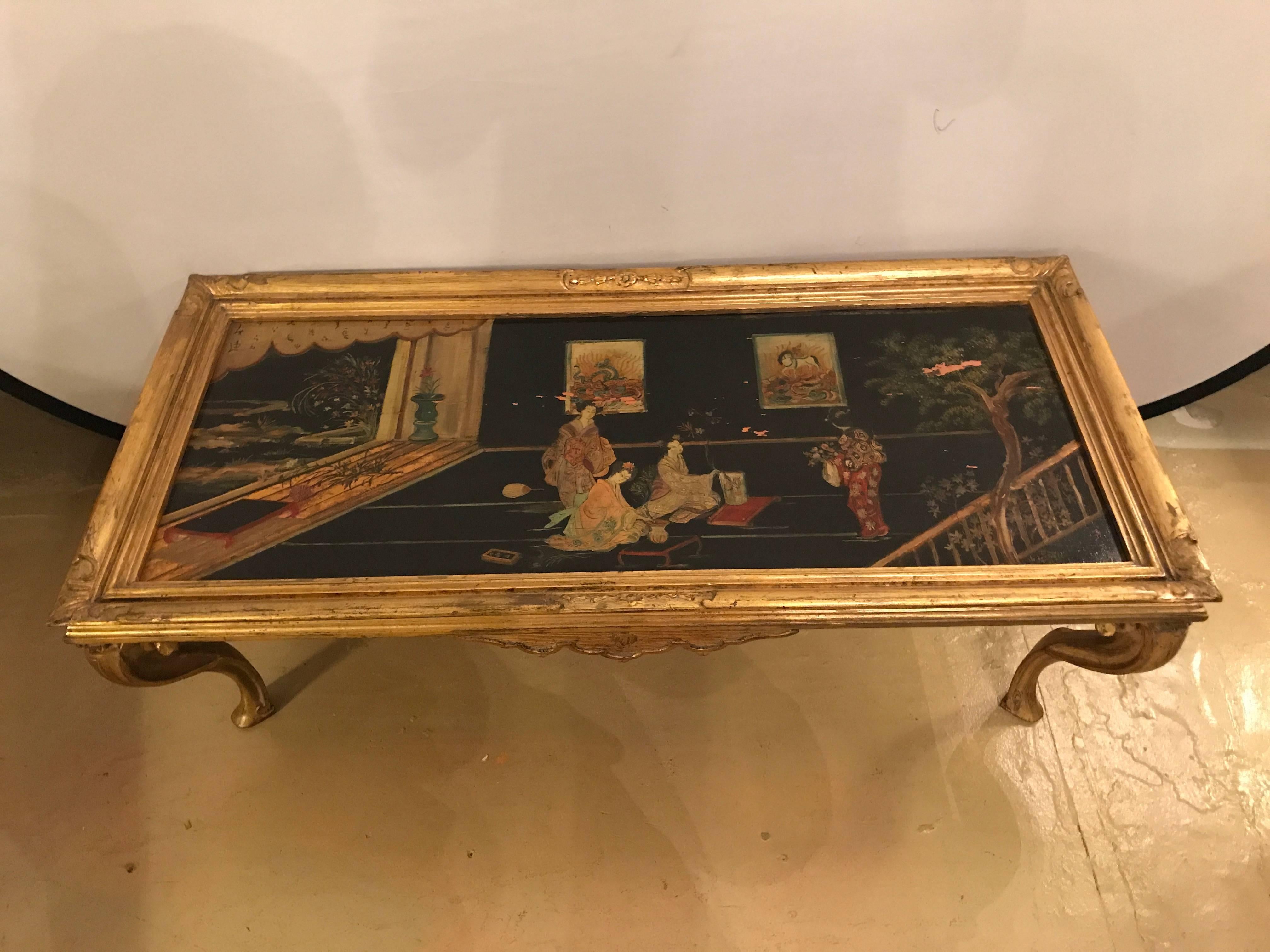 Louis XV Style Chinoiserie Gilt Base Coffee Low Table Depicting Geishas In Good Condition In Stamford, CT
