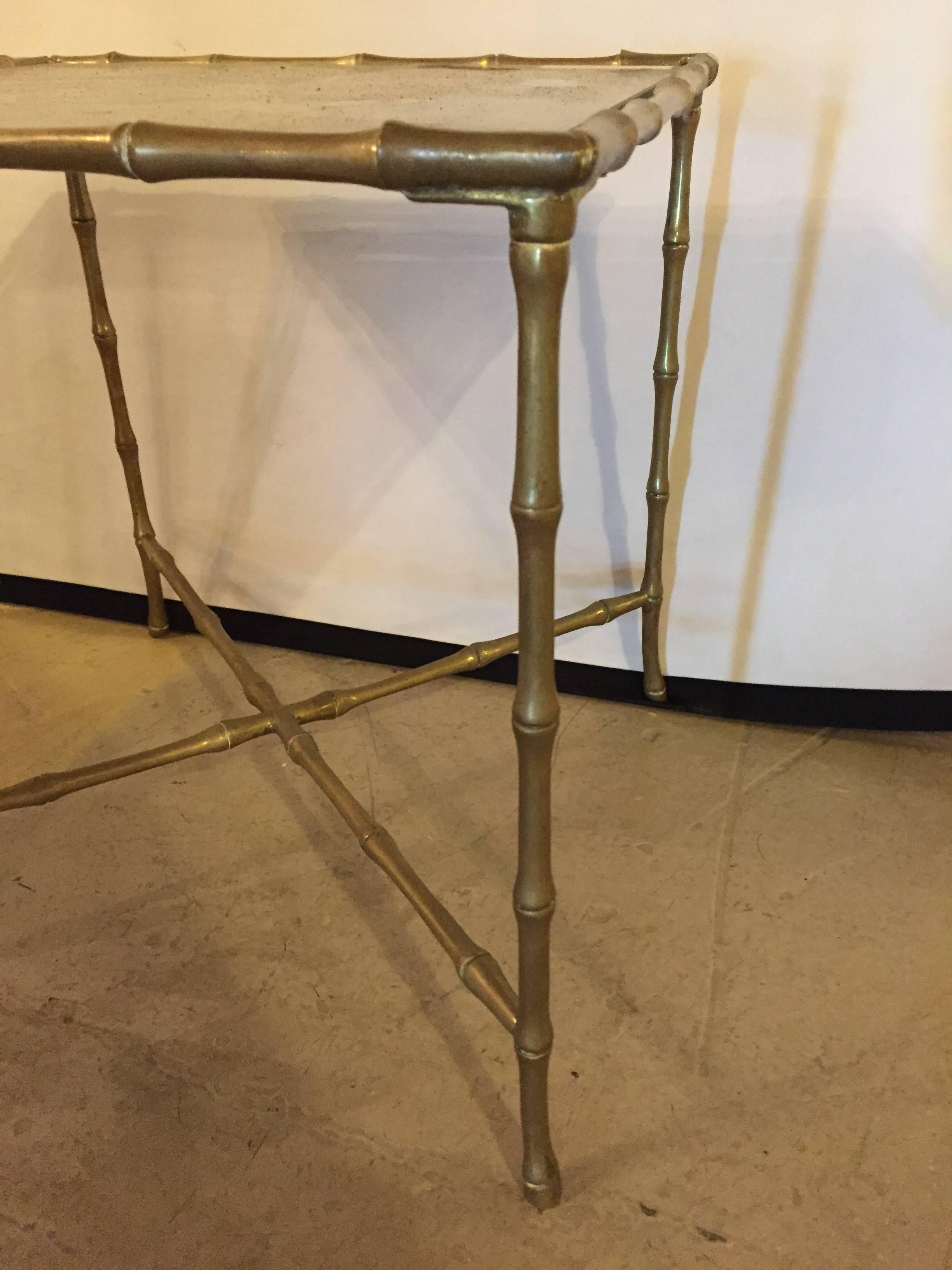 Hollywood Regency Gilt Bronze Faux Bamboo End Table with Gilt Glass Top In Good Condition In Stamford, CT
