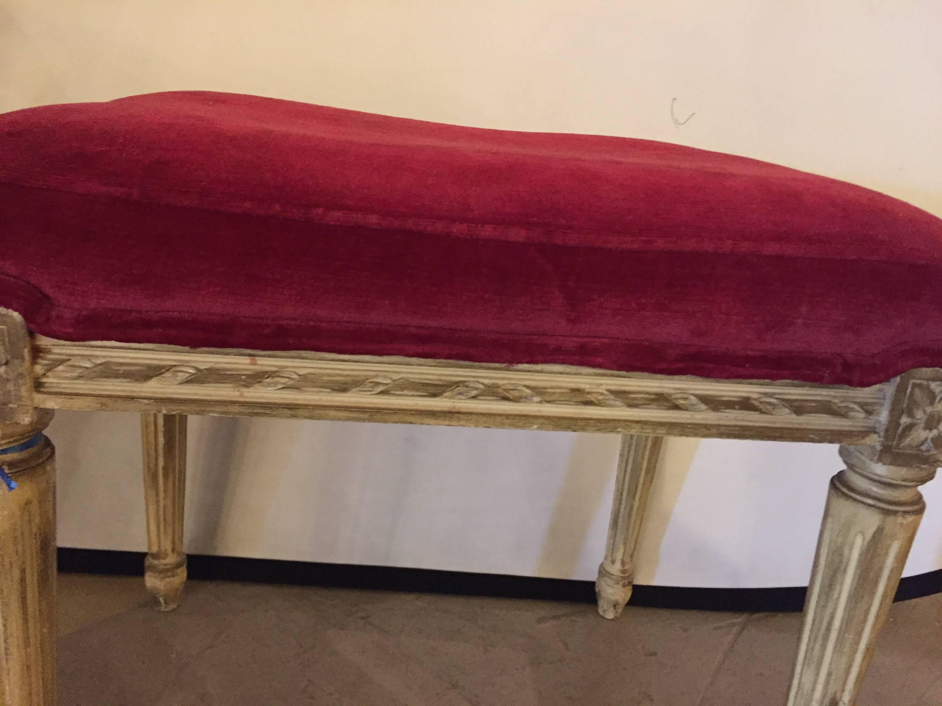 Distressed Painted Louis XVI Style Stool with Velvet Upholstery 2