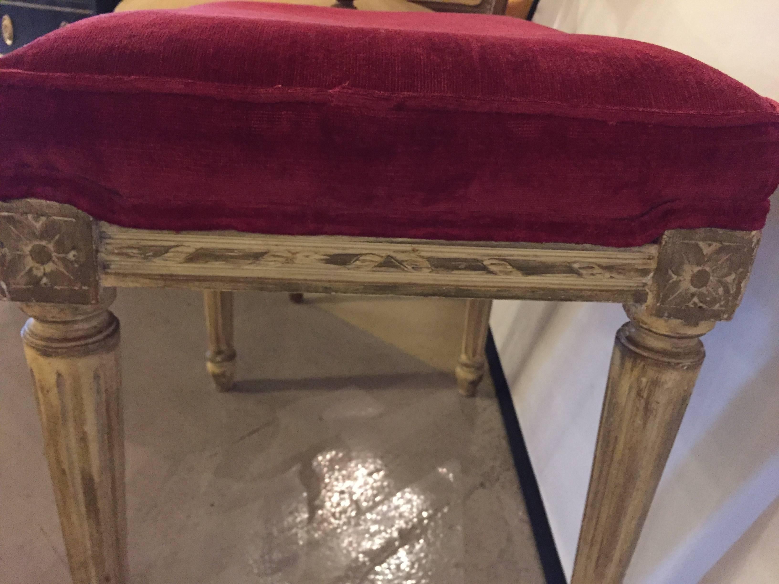 Distressed Painted Louis XVI Style Stool with Velvet Upholstery 3