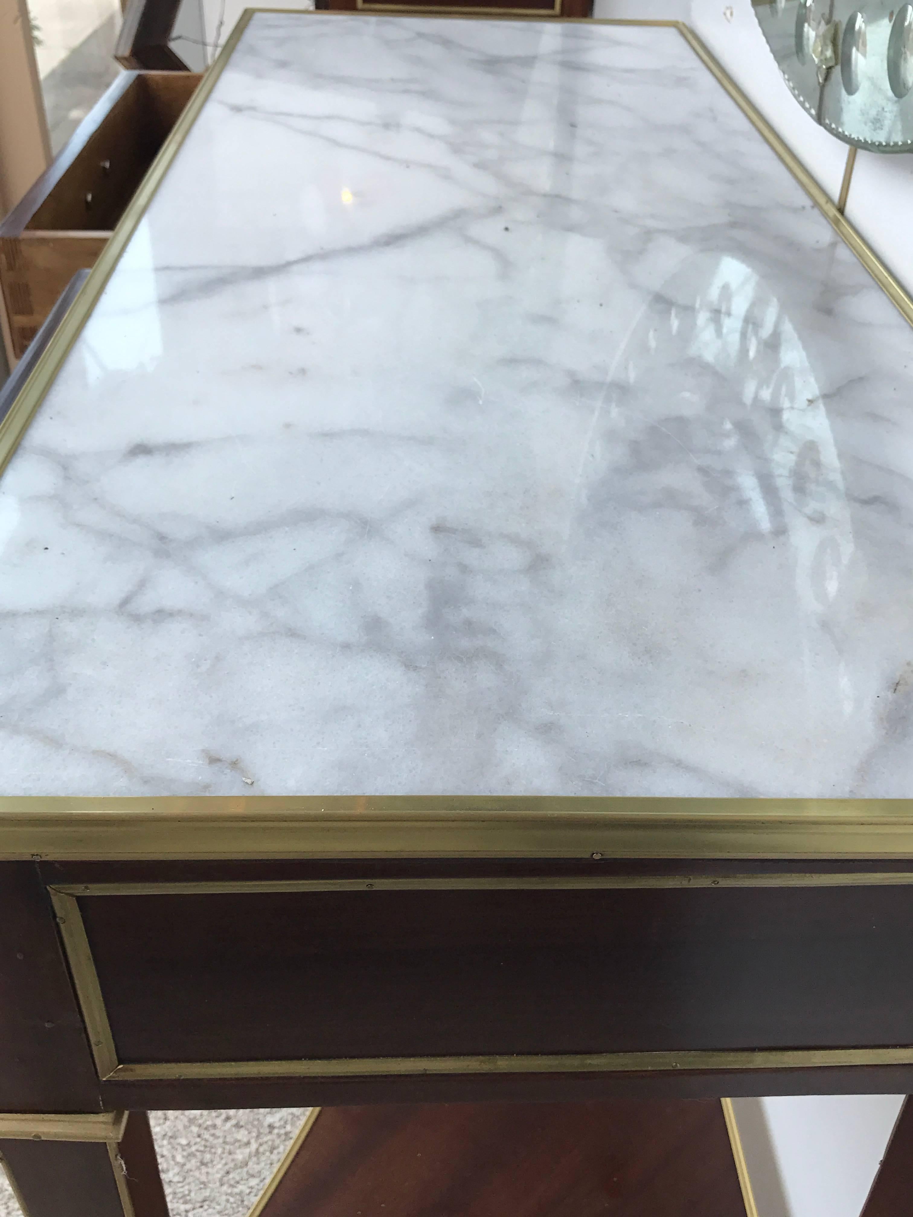 Pair of Jansen Style Two-Drawer Marble-Top Bronze Consoles or Serving Tables In Good Condition In Stamford, CT
