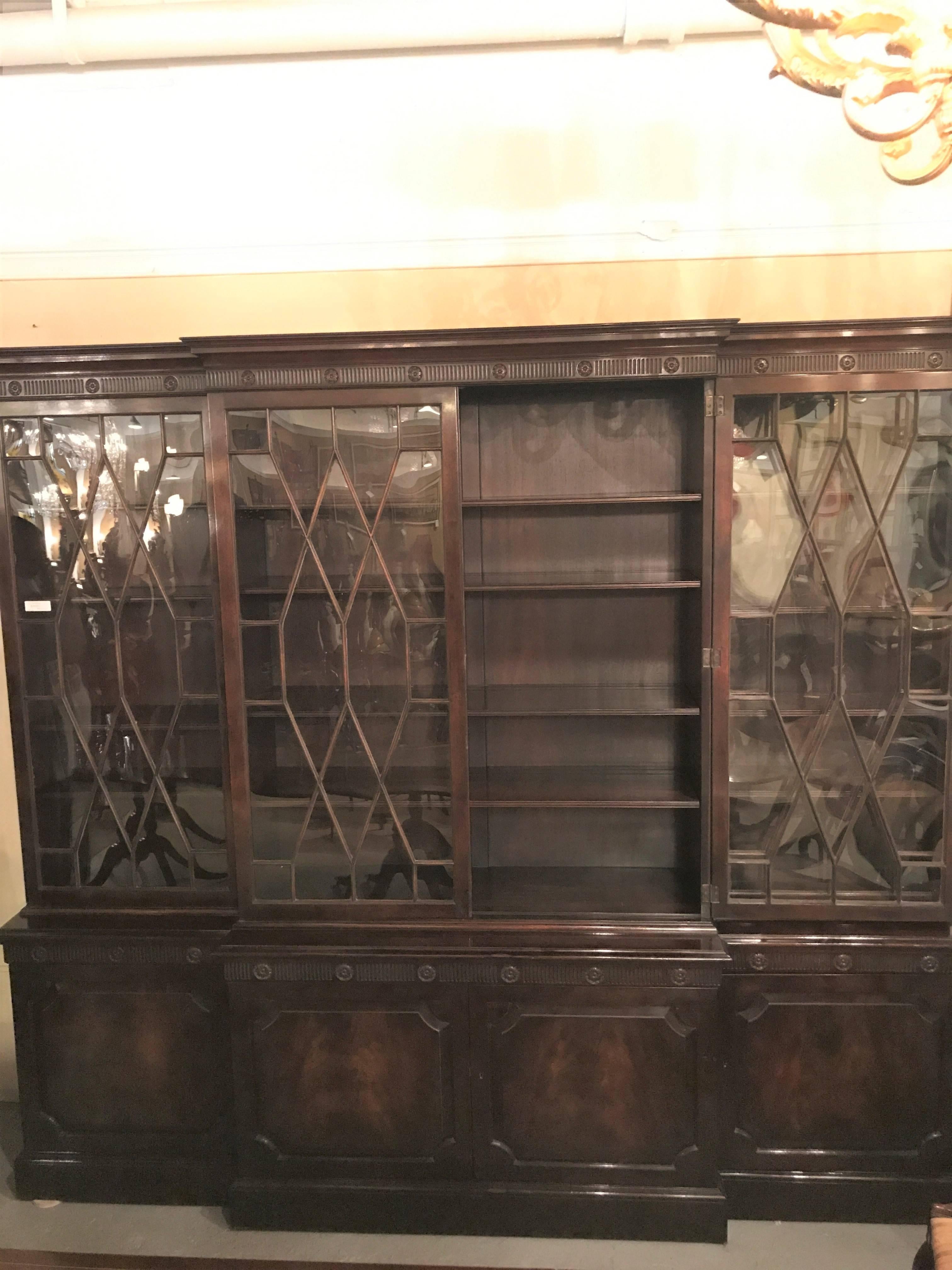 20th Century Georgian Style Baker Furniture Company Breakfront Bookcase Cupboard