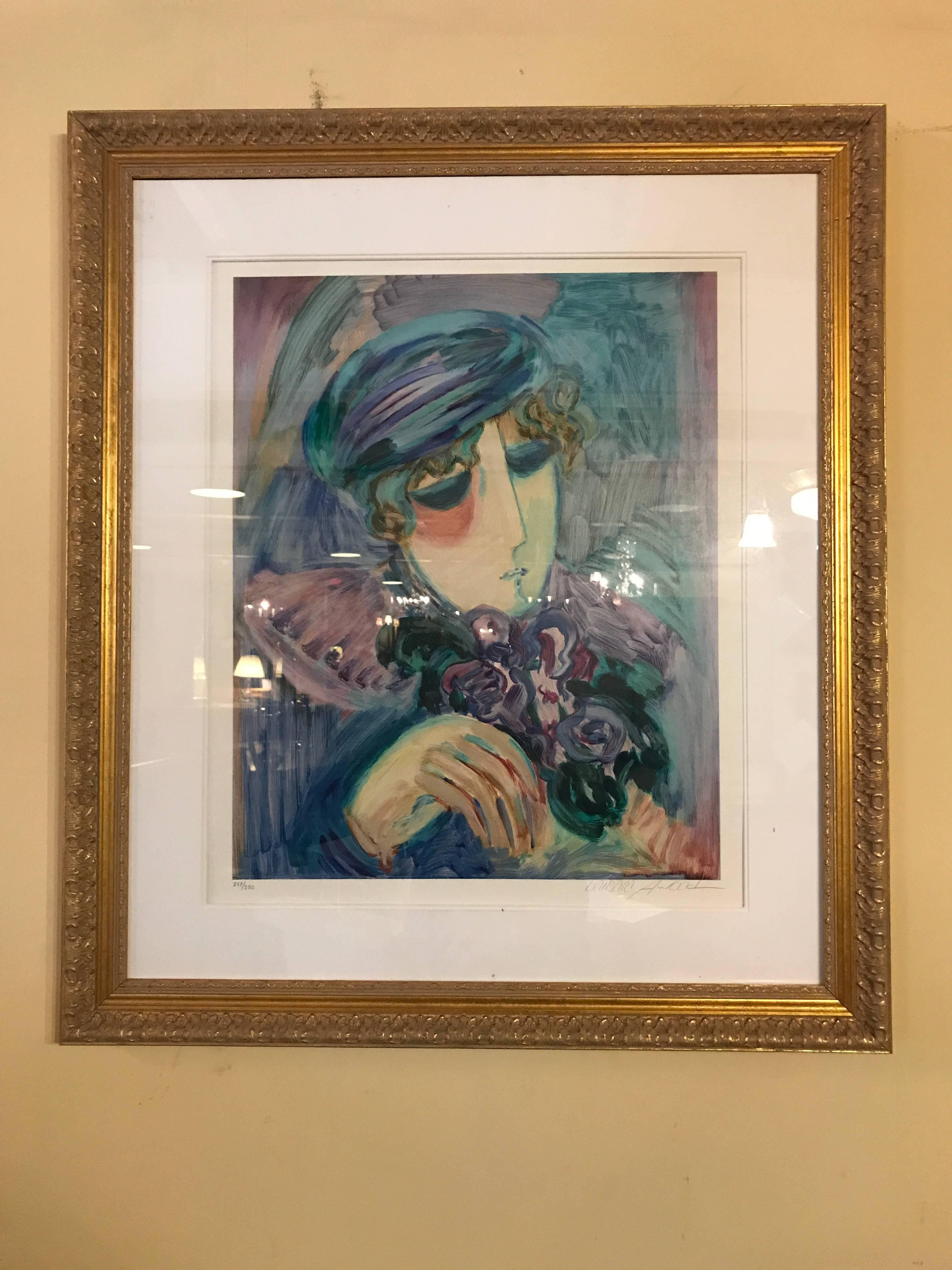 A finely framed and matted lithograph by Barbara A. Wood woman with hat flowers.
From Columbus, Ohio, Barbara Wood is a painter of modernist figures, especially females, and genre scenes, and for much of her subject matters, draws on her own life