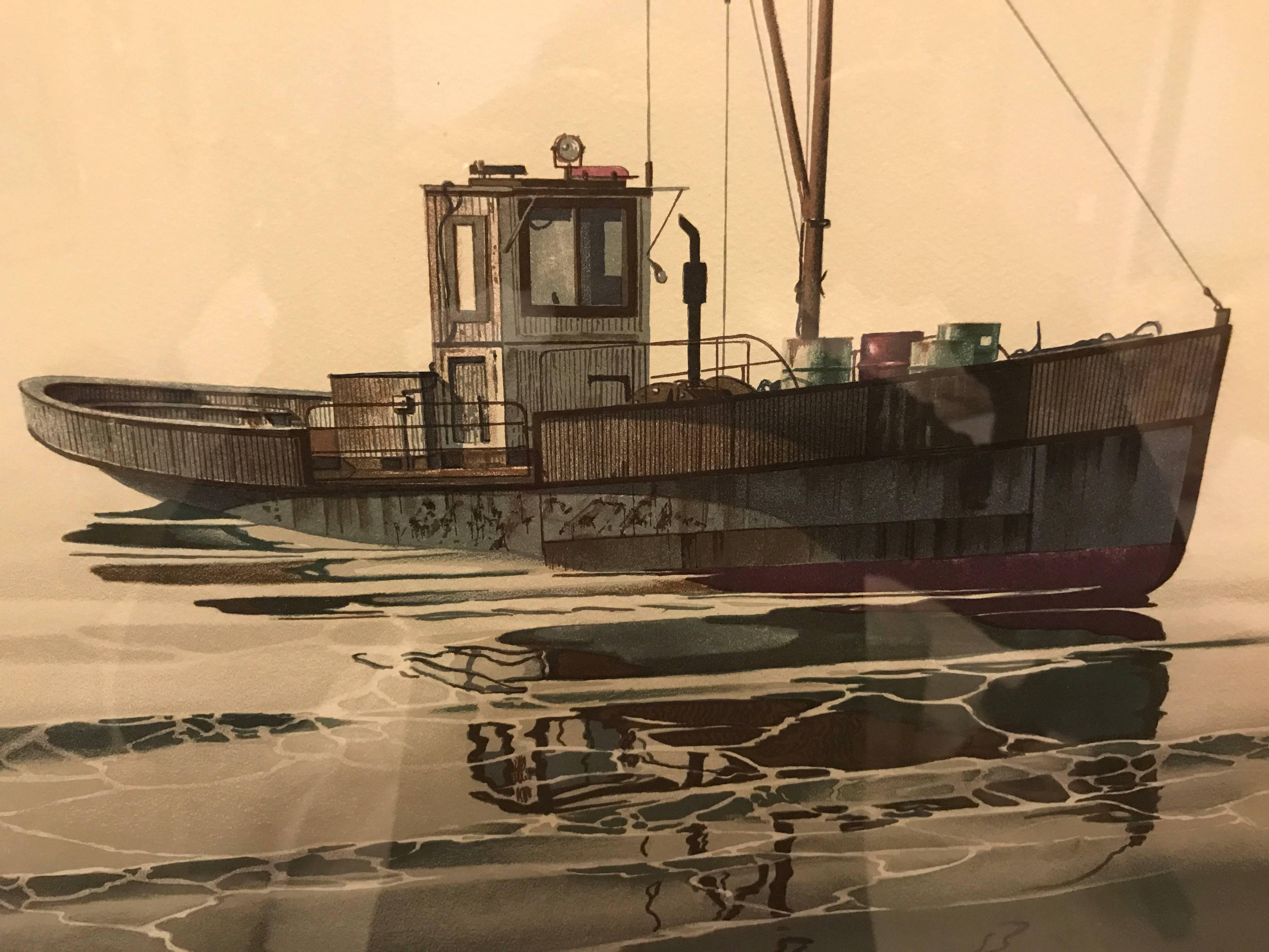 Litho or drawing of a fishing boat signed John D. Lutes and numbered 129 of 300. American landscape and maritime painter John D Lutes Jr. (1926-2001) Marine Painter, teacher, born 1926 in Chicago, IL. Died 2001 in Charlestown, RI. John D. Lutes was