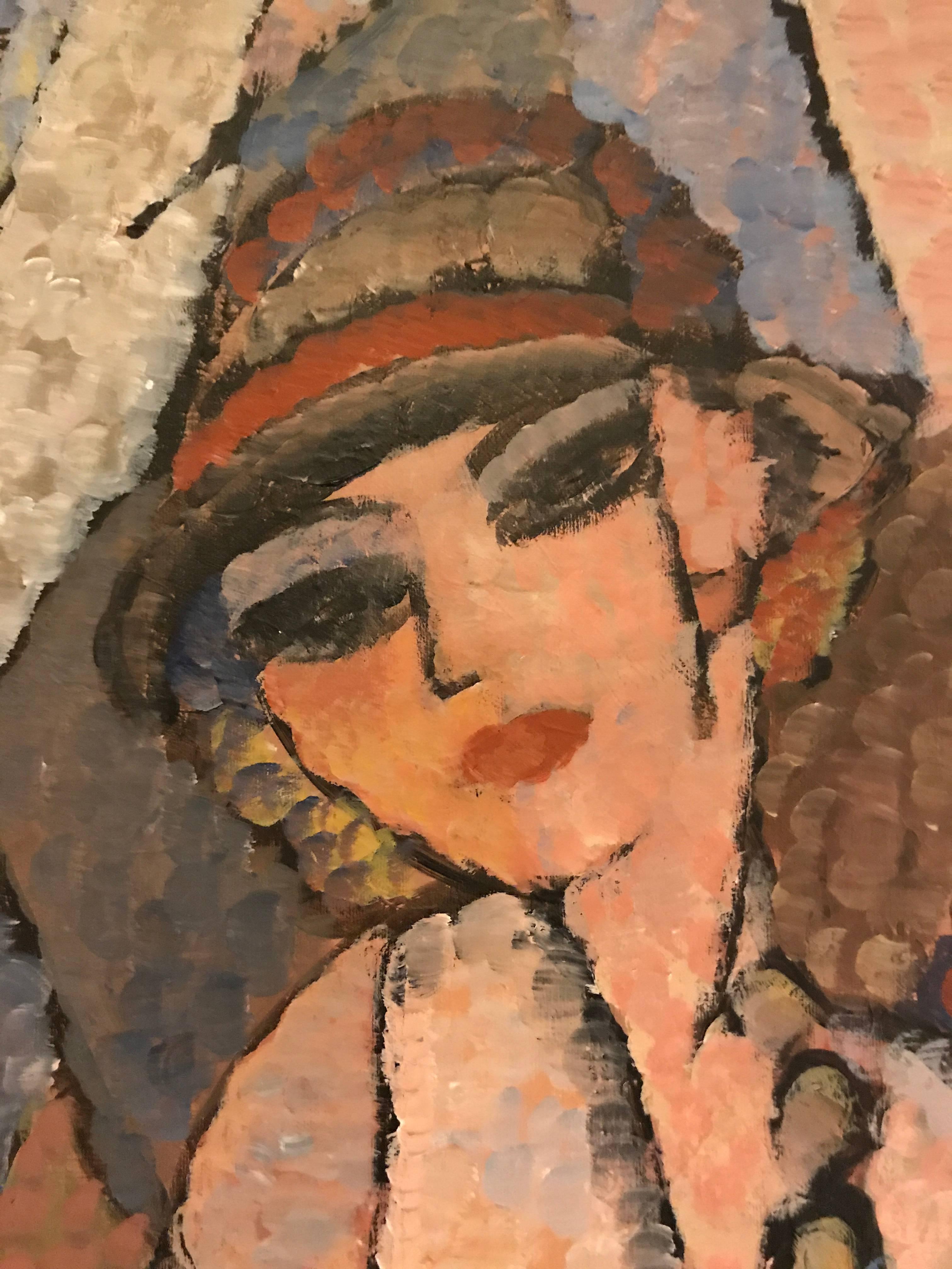 Painting By Fontaine Of an Art Deco Woman Smoking a Cigarette. Joseph Fontaine, American (1929 - 2004) This piece on consignment from a Greenwich CT Home. The owner stating that the piece was purchased in Sothebys in the late seventies or