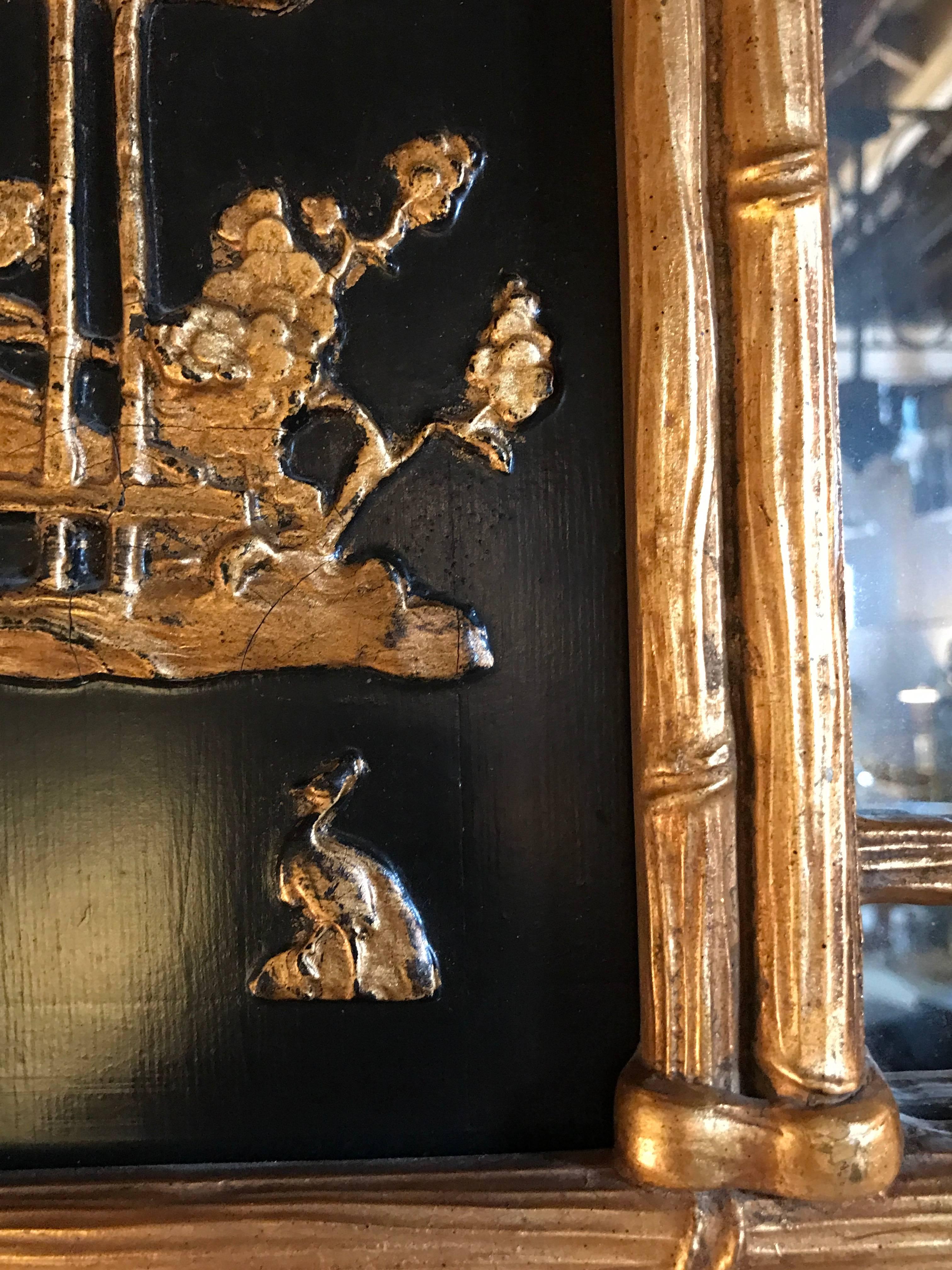 Chinoiserie Style Gilt and Ebony Decorated Beveled Wall or Console Mirror In Good Condition In Stamford, CT