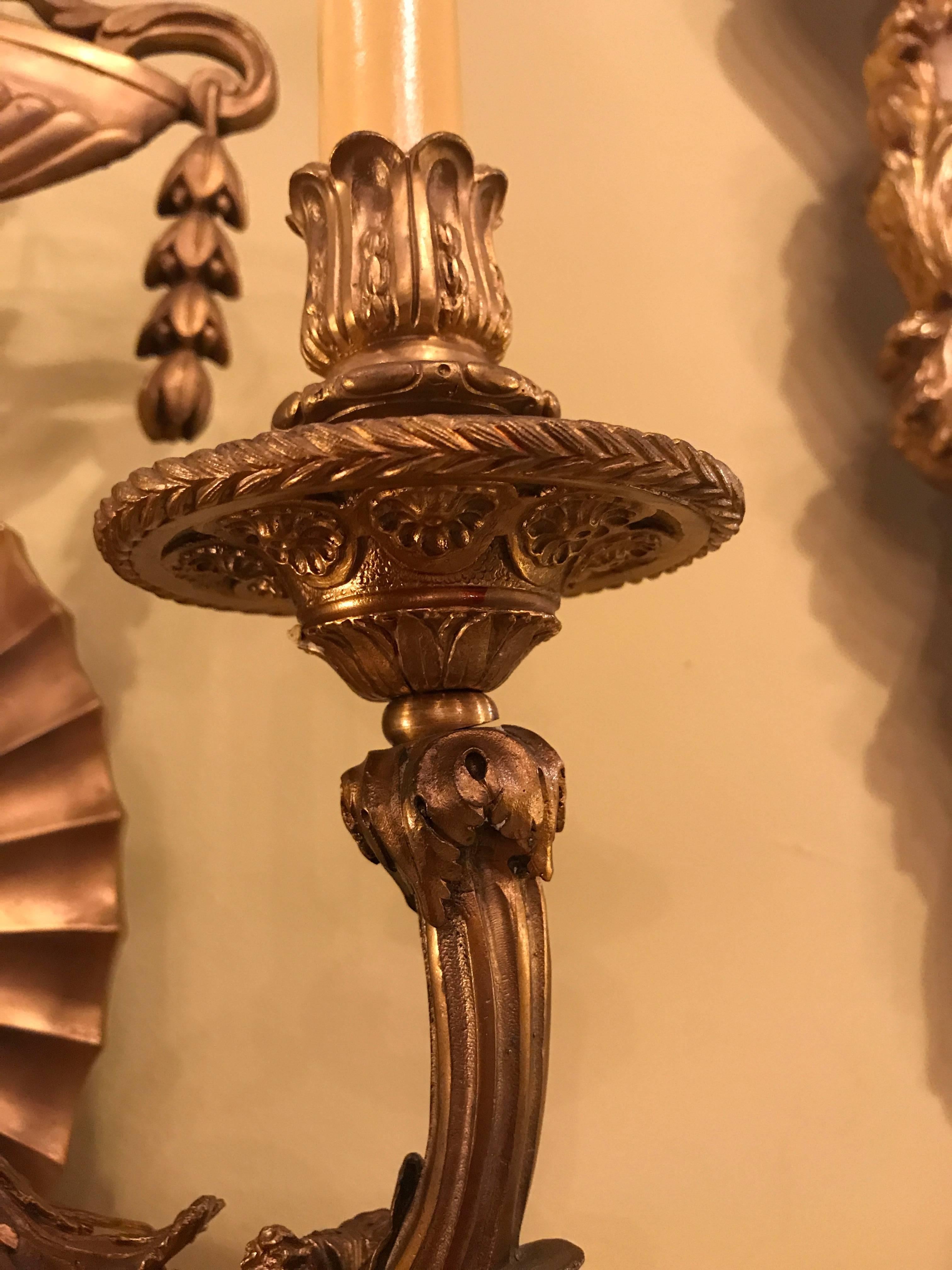 20th Century Pair of Bronze Three-Light Sconces in an Urn Form