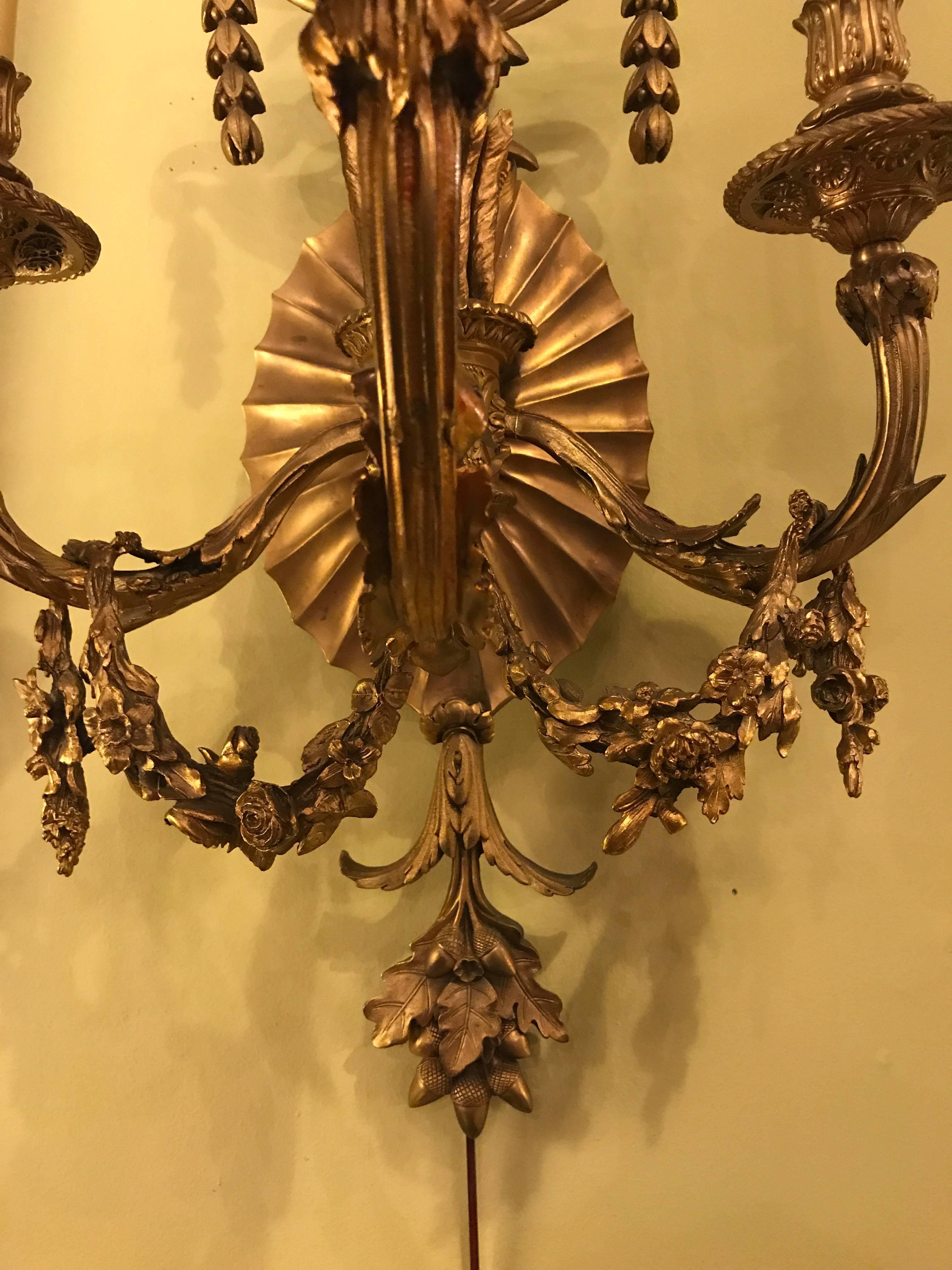 Pair of Bronze Three-Light Sconces in an Urn Form 3