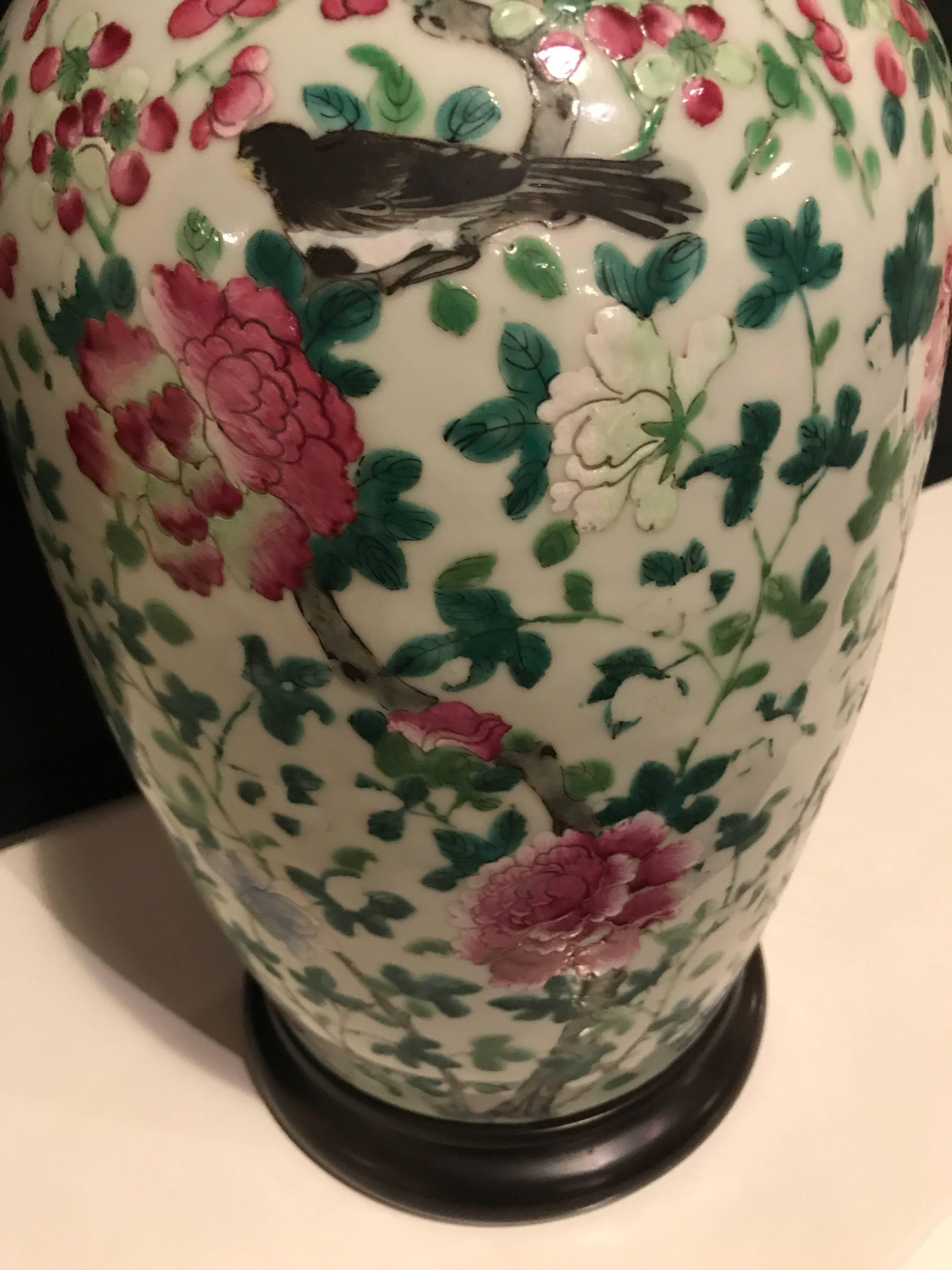 Chinese Export Chinese Large Jar Decorated with Bird and Roses Mounted as a Lamp