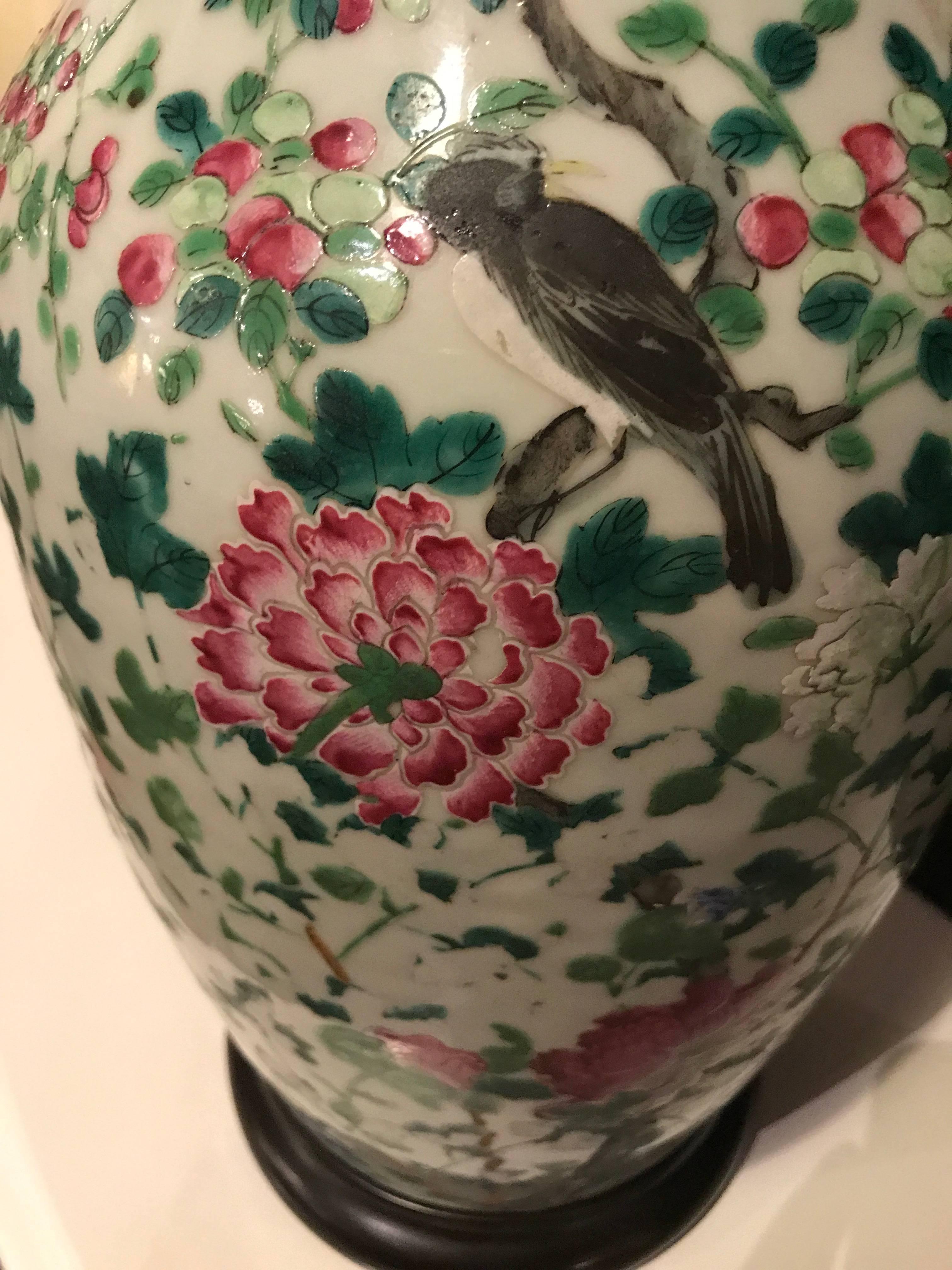 Chinese Large Jar Decorated with Bird and Roses Mounted as a Lamp In Good Condition In Stamford, CT