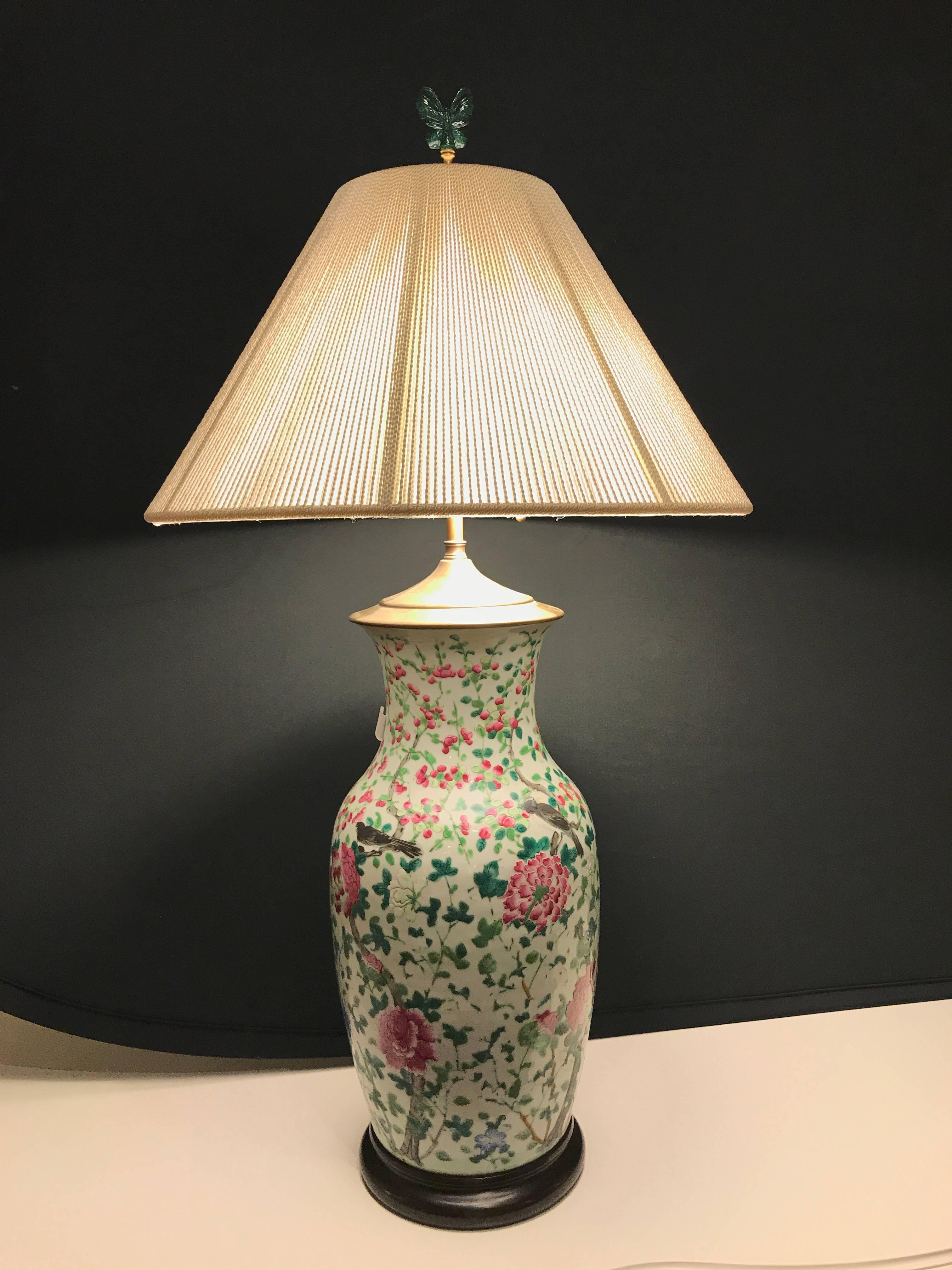 A Chinese large jar decorated with bird and roses mounted as a lamp. A fine and large Mid-Century porcelain ginger jar with paintings.