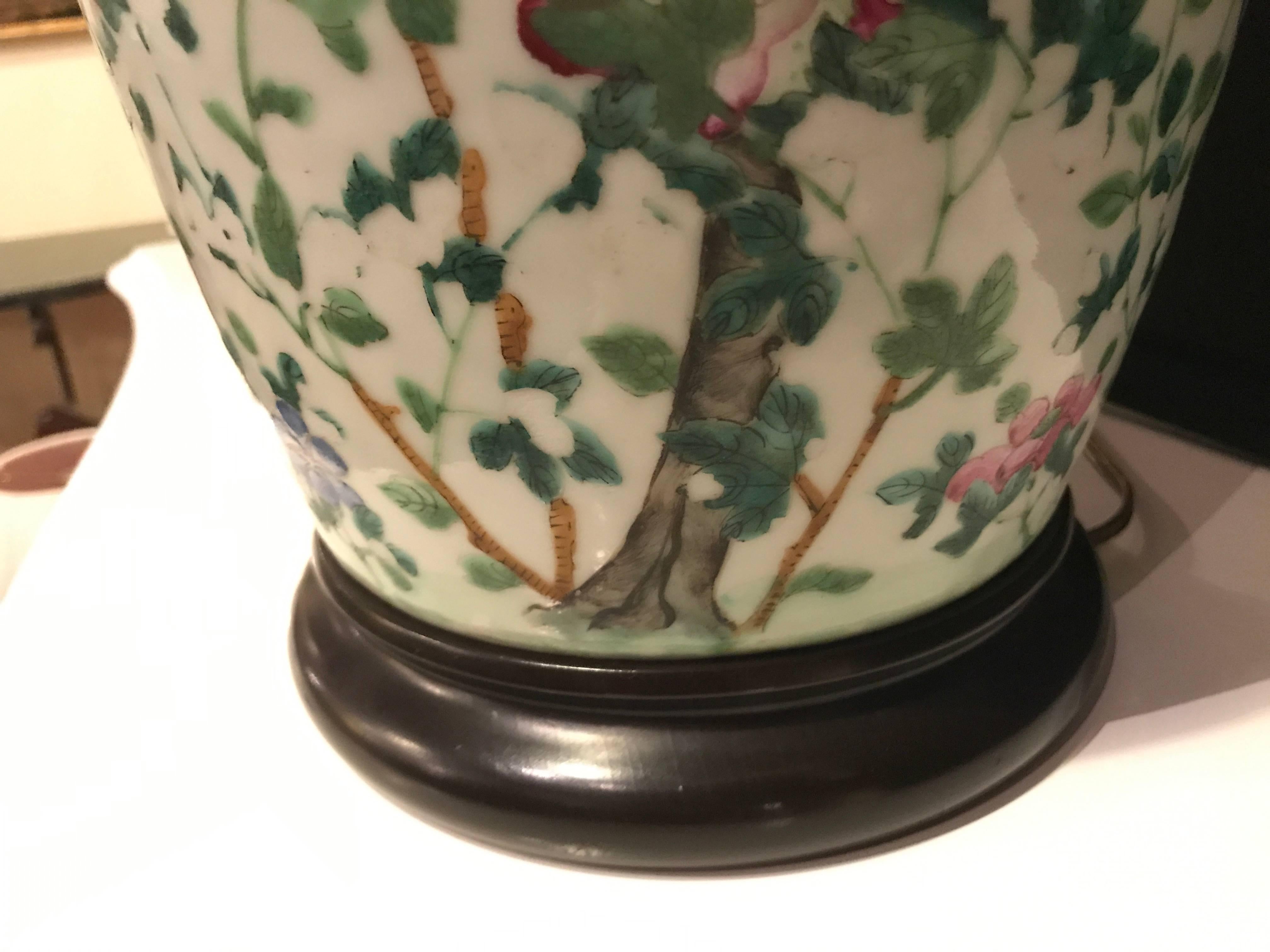 Chinese Large Jar Decorated with Bird and Roses Mounted as a Lamp 2