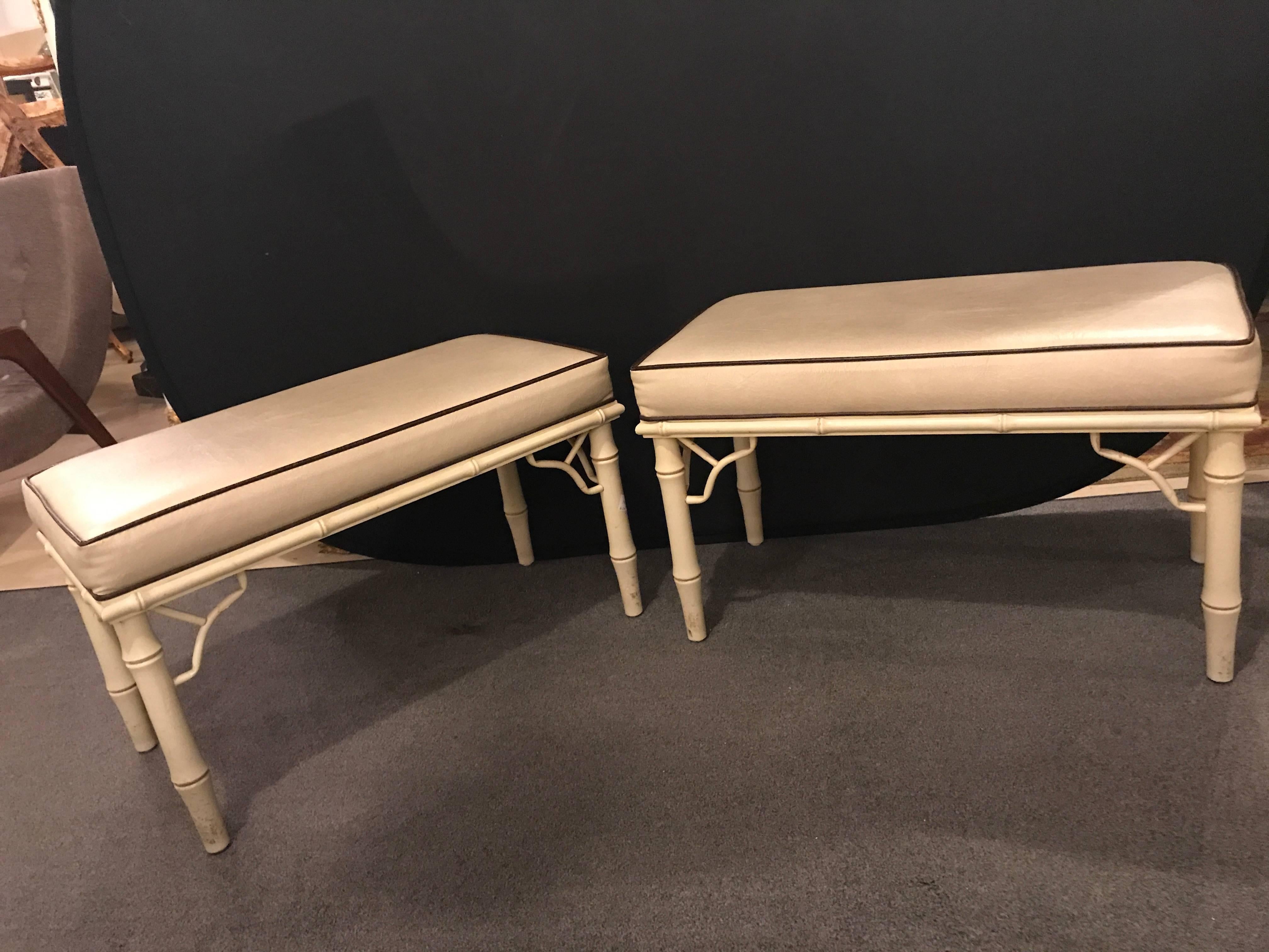 Pair of Hollywood Regency Faux Bamboo Benches In Good Condition In Stamford, CT