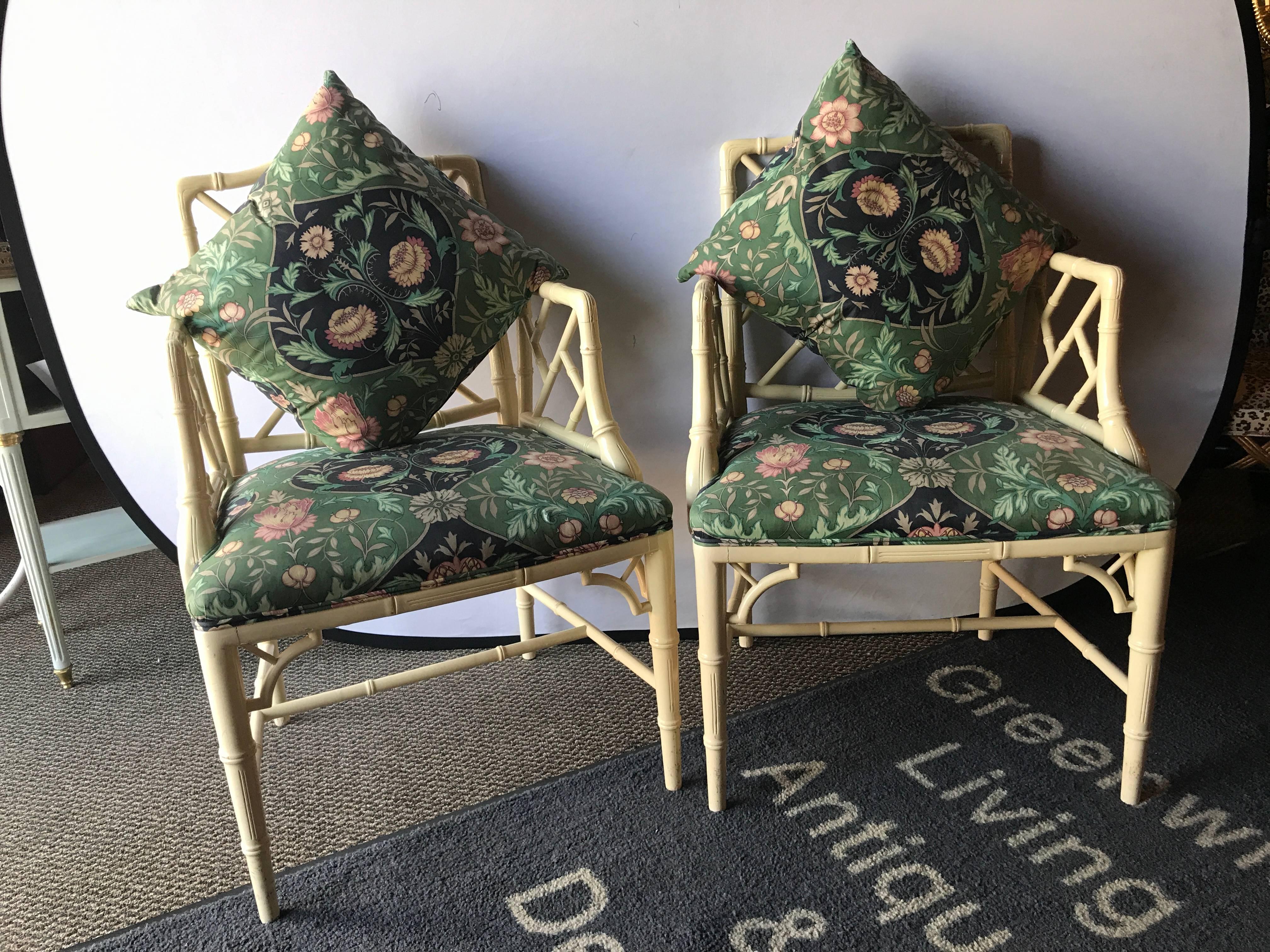 Pair of Custom Bamboo Form Armchairs in a Fine Florida Room Fabric 3