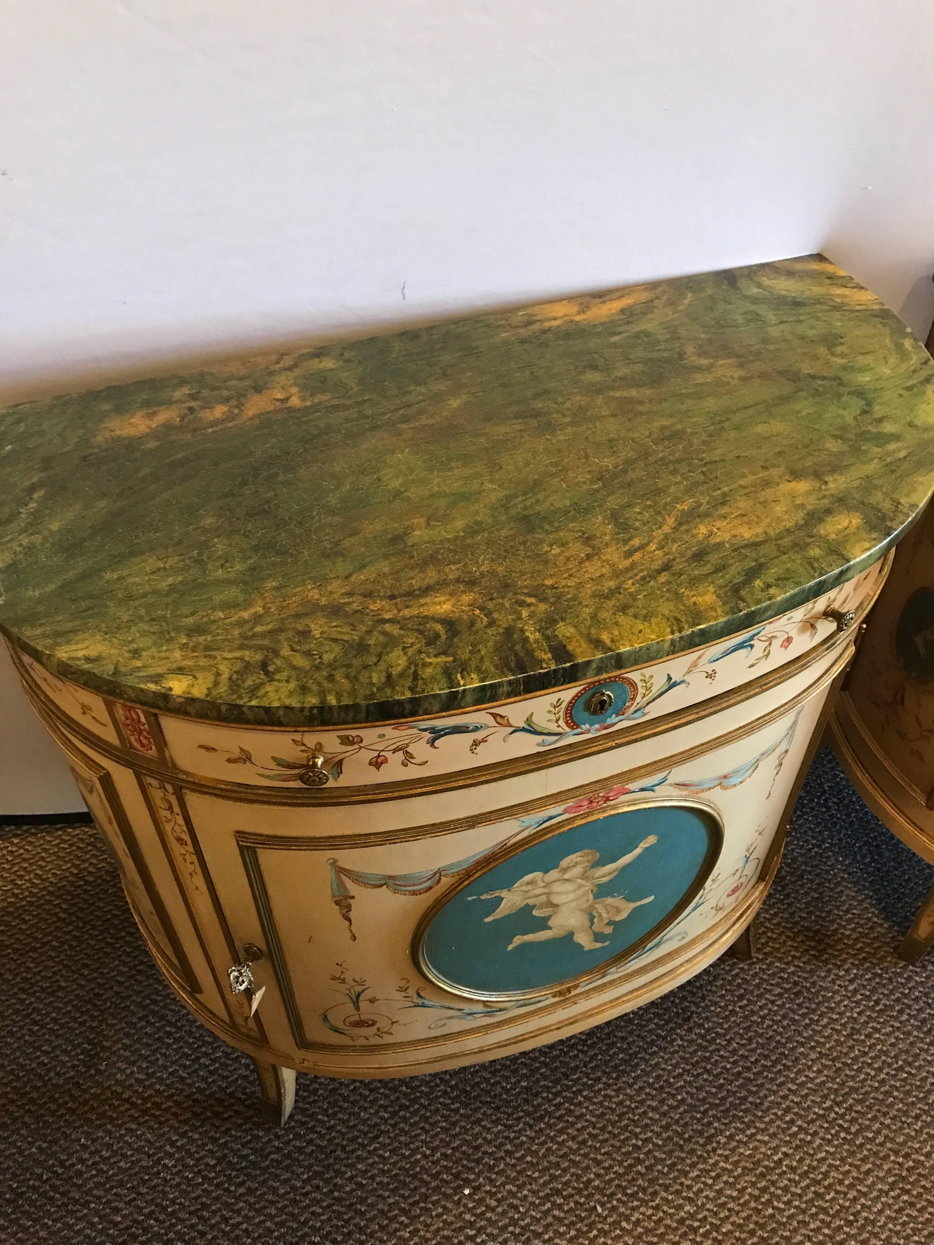 Adam Style Pair of Adams Style Demilune Painted Commodes or Bedside Chests