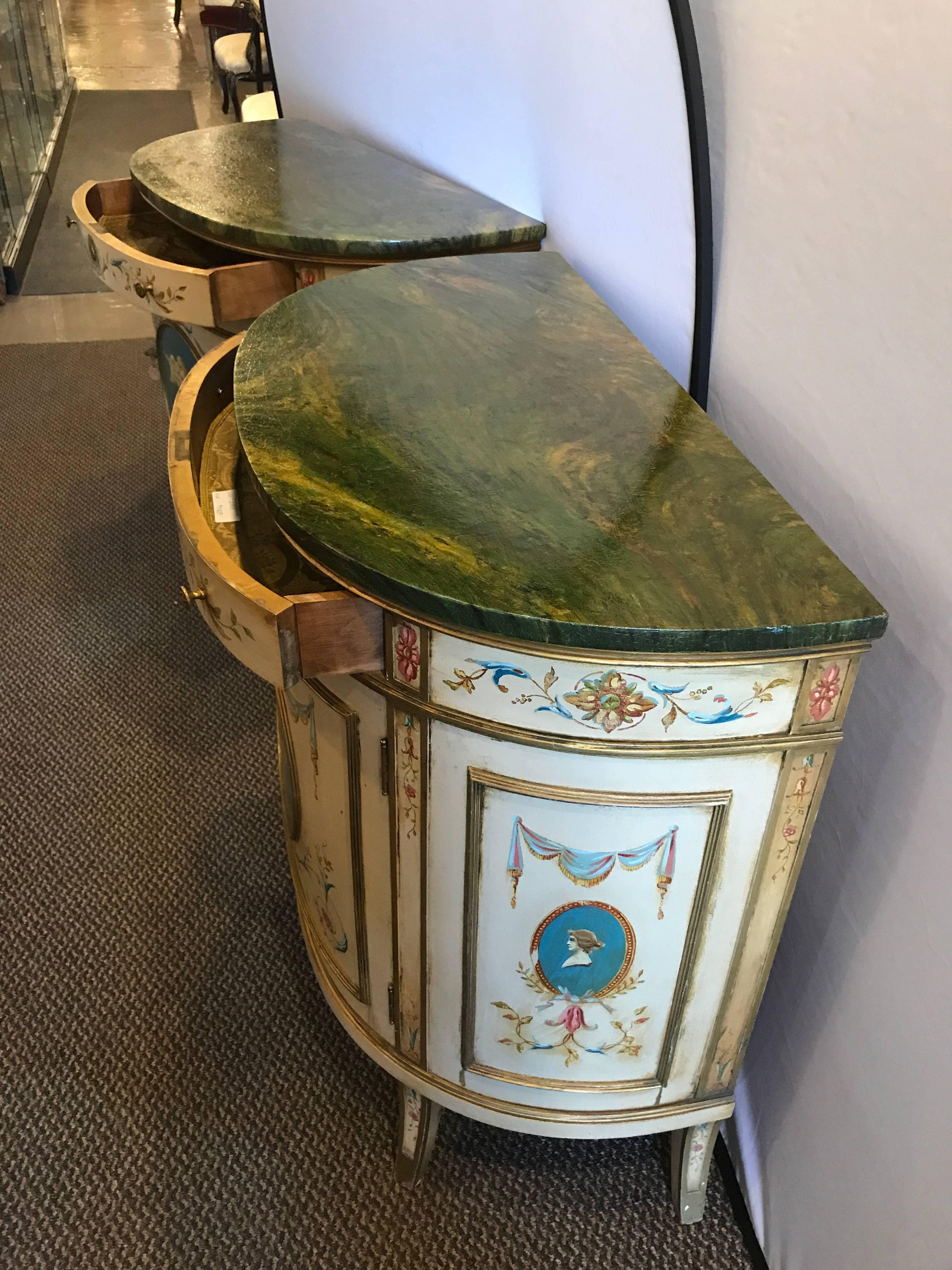 Pair of Adams Style Demilune Painted Commodes or Bedside Chests 4