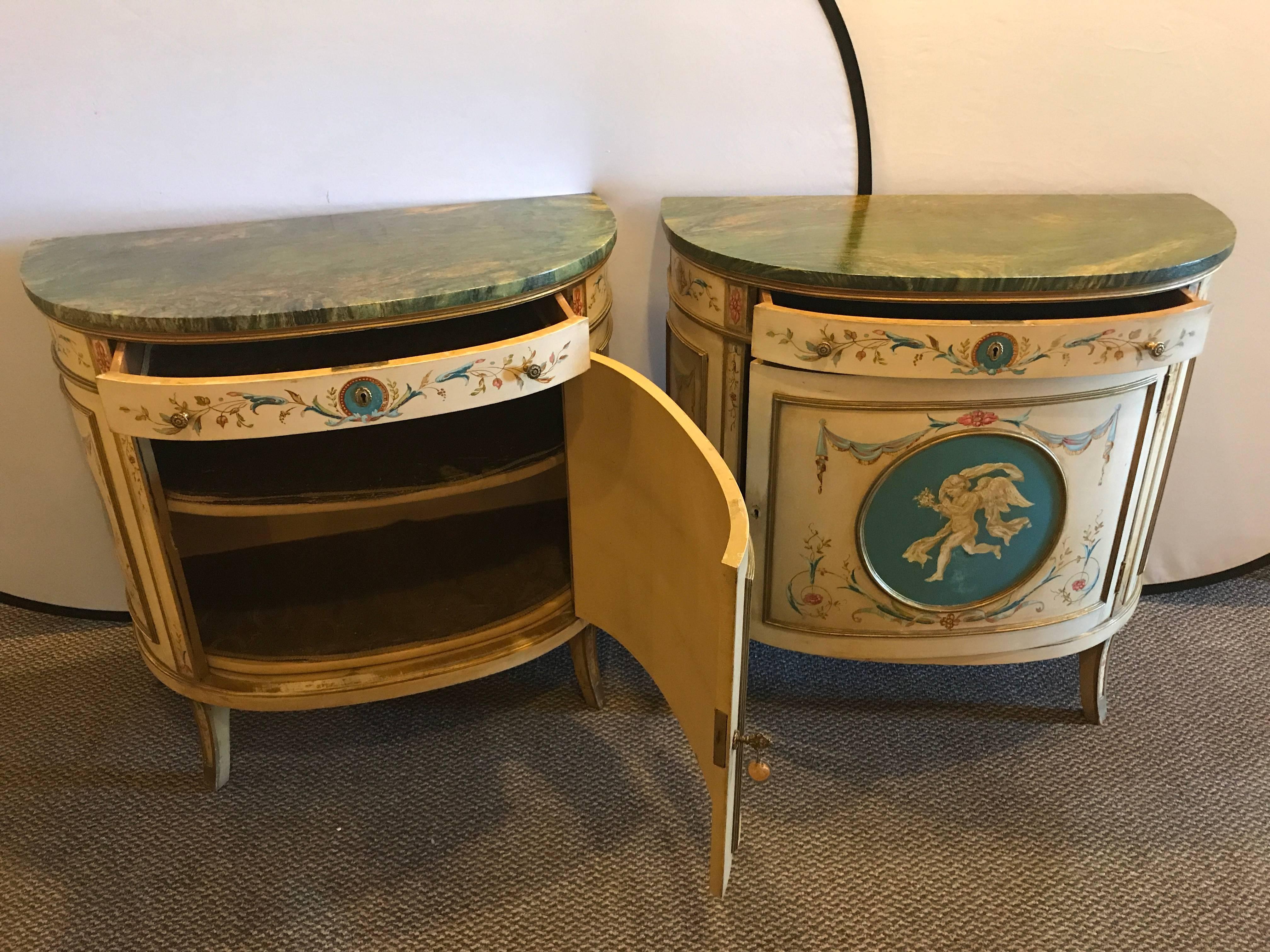 Pair of Adams Style Demilune Painted Commodes or Bedside Chests 3