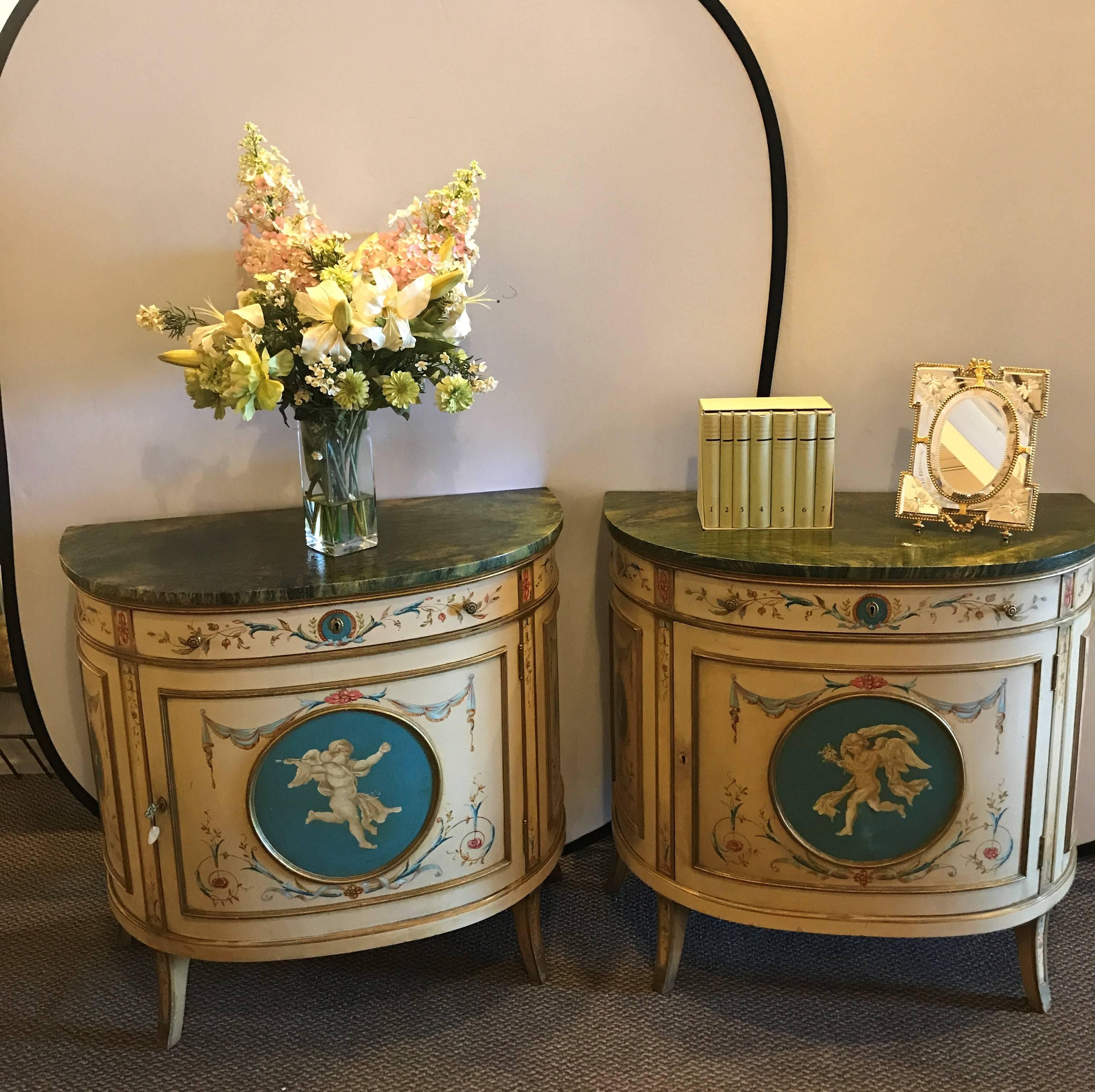 A pair of Adams style demilune painted commodes or bedside chests. Each custom quality demilune having lined interiors with upper drawers and open shelf areas. The cases with faux wood painted marble tops and finely decorative fronts in the Adams