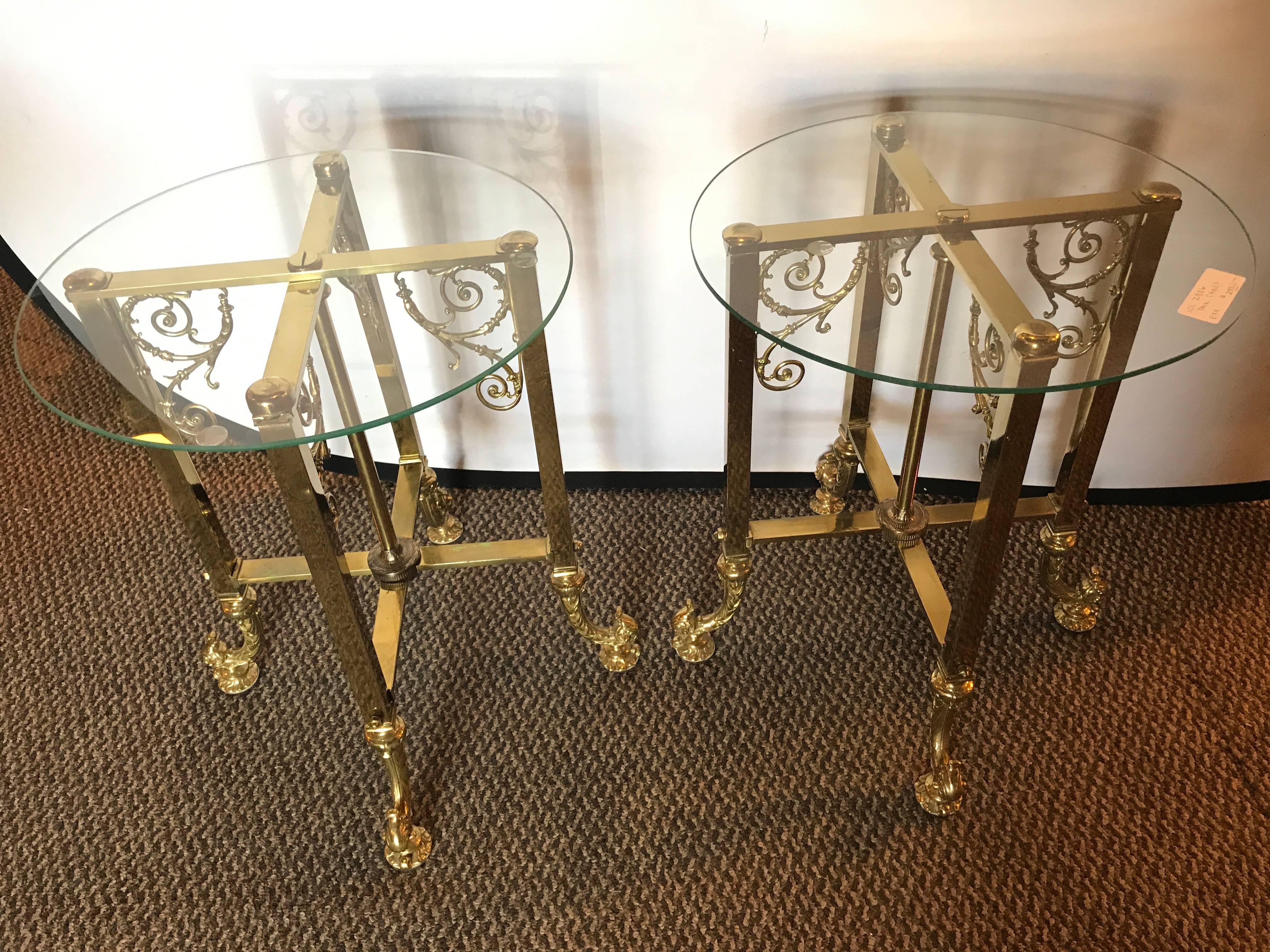 Hollywood Regency Pair of Fine Bronze Based End Tables with Glass Tops