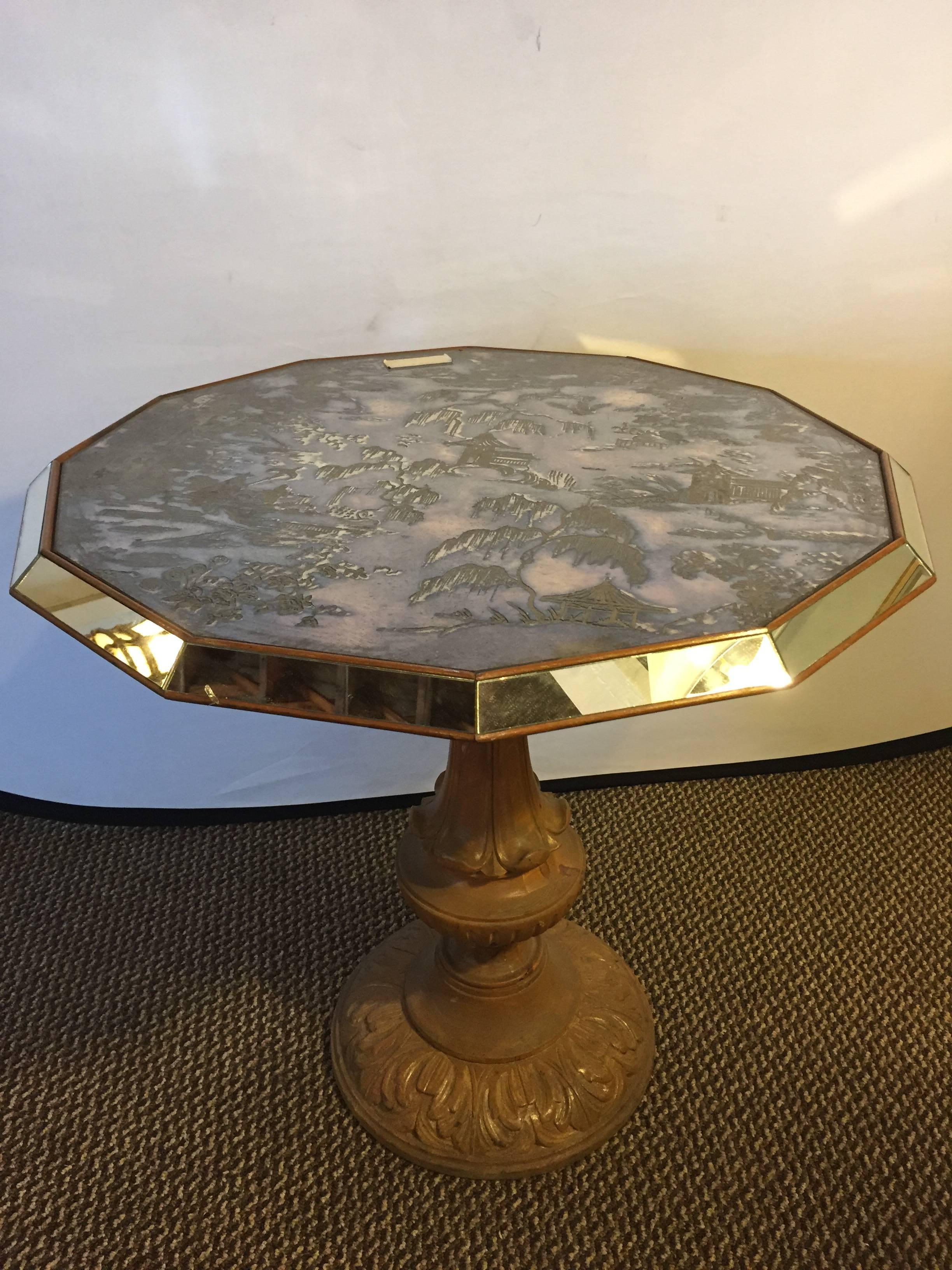 Hollywood Regency Chinoiserie Style Center Table with Eglomise Glass Top on a Single Pedestal