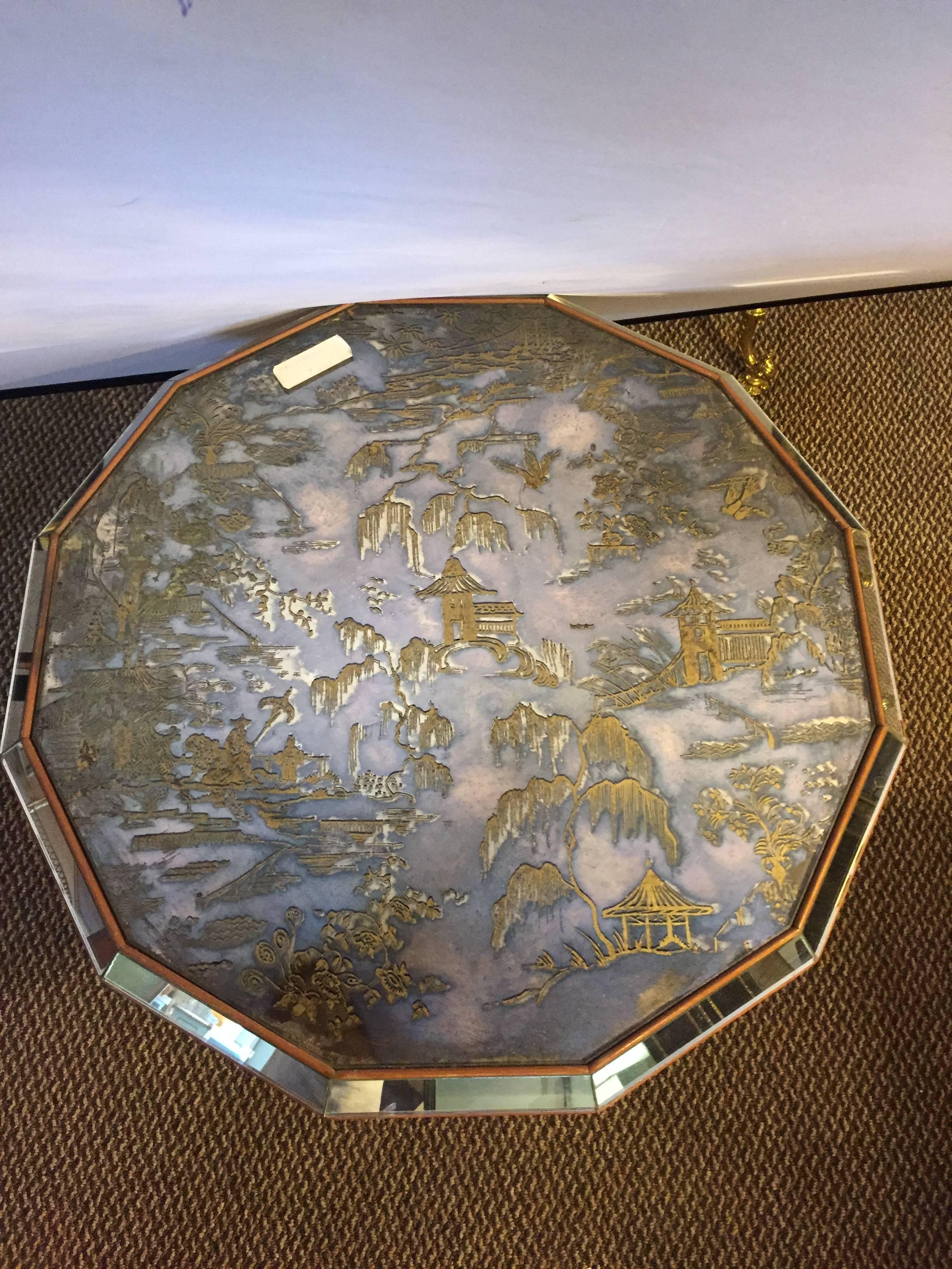 Chinoiserie Style Center Table with Eglomise Glass Top on a Single Pedestal 4