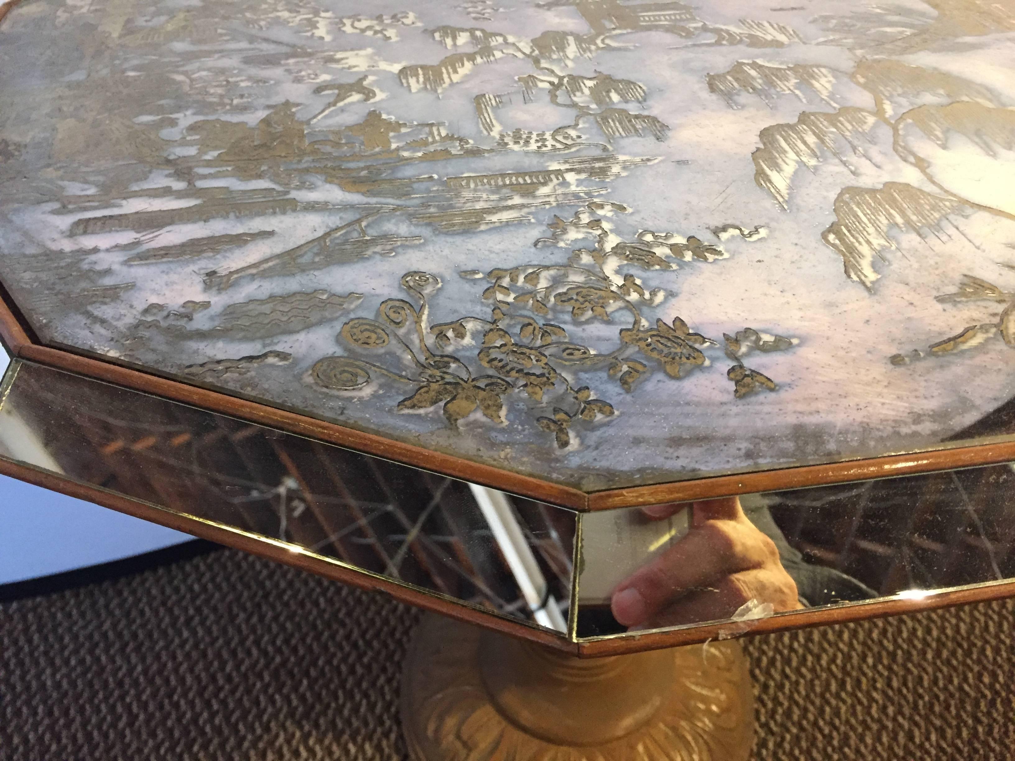 Chinoiserie Style Center Table with Eglomise Glass Top on a Single Pedestal 8