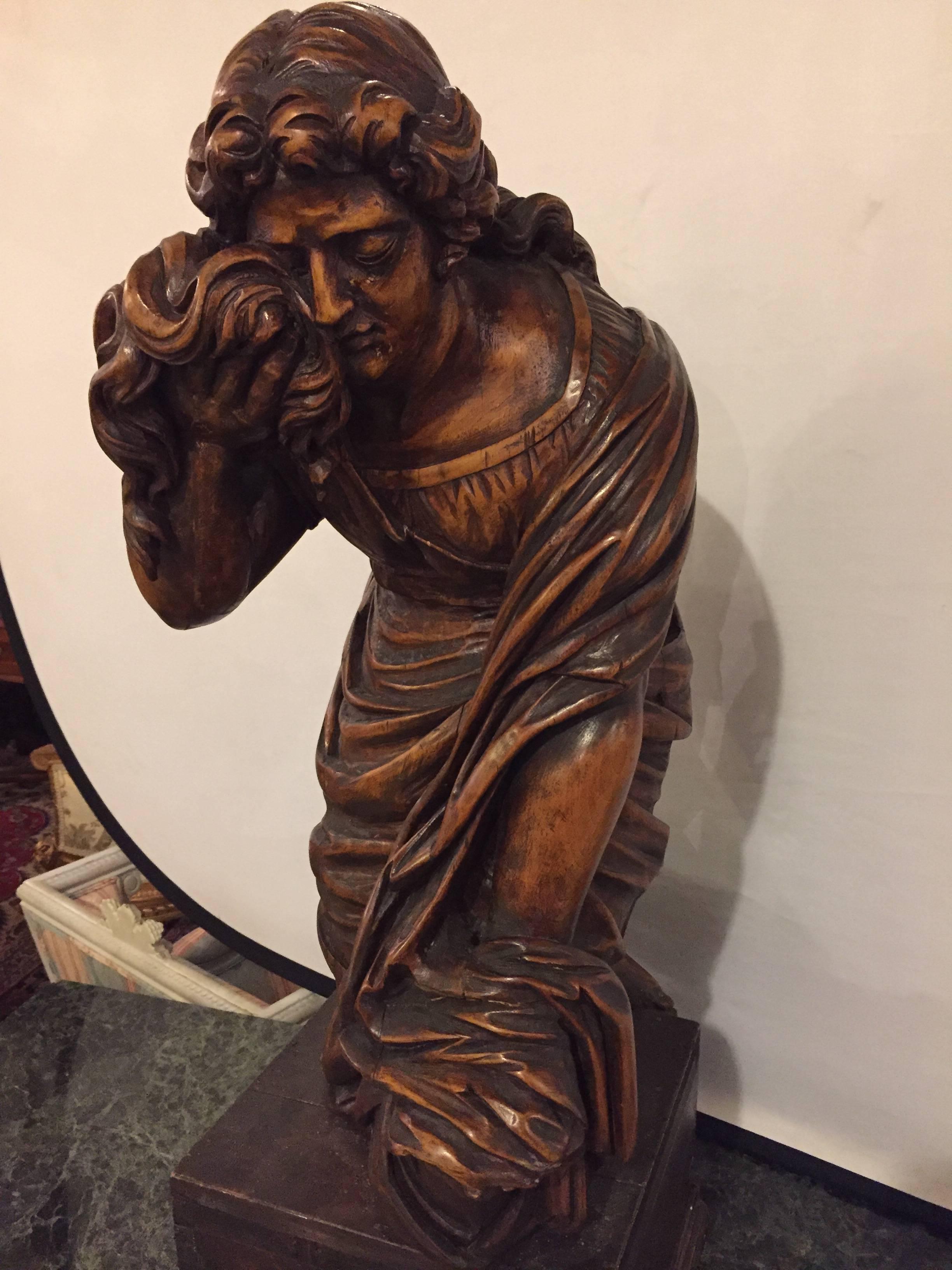 Palatial 18th Century Carved Statue of a Kneeling Woman in Tears 2