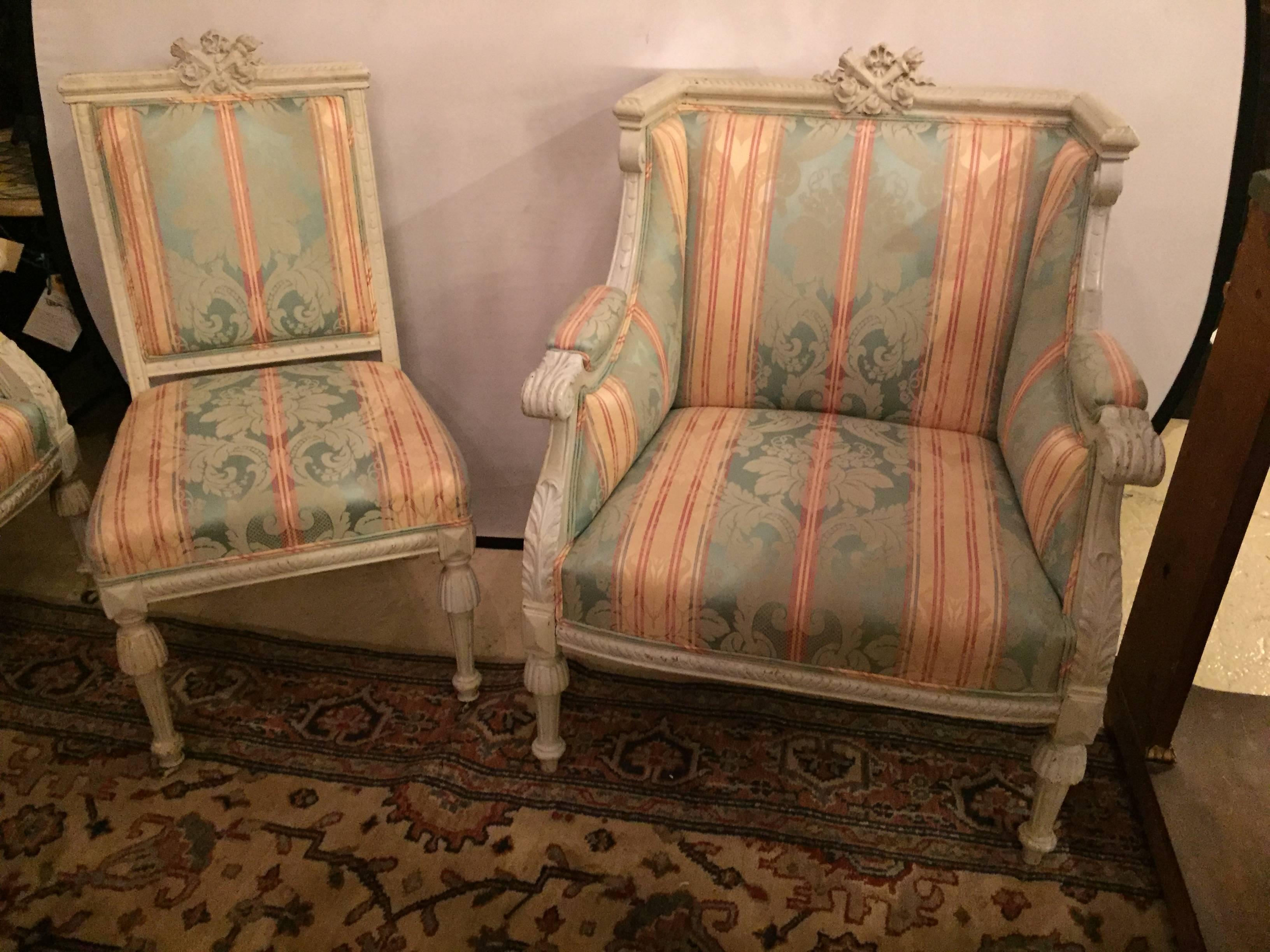 Swedish Fashioned Louis XVI Style Salon Suite, Off-White Paint Decorated Finish 5