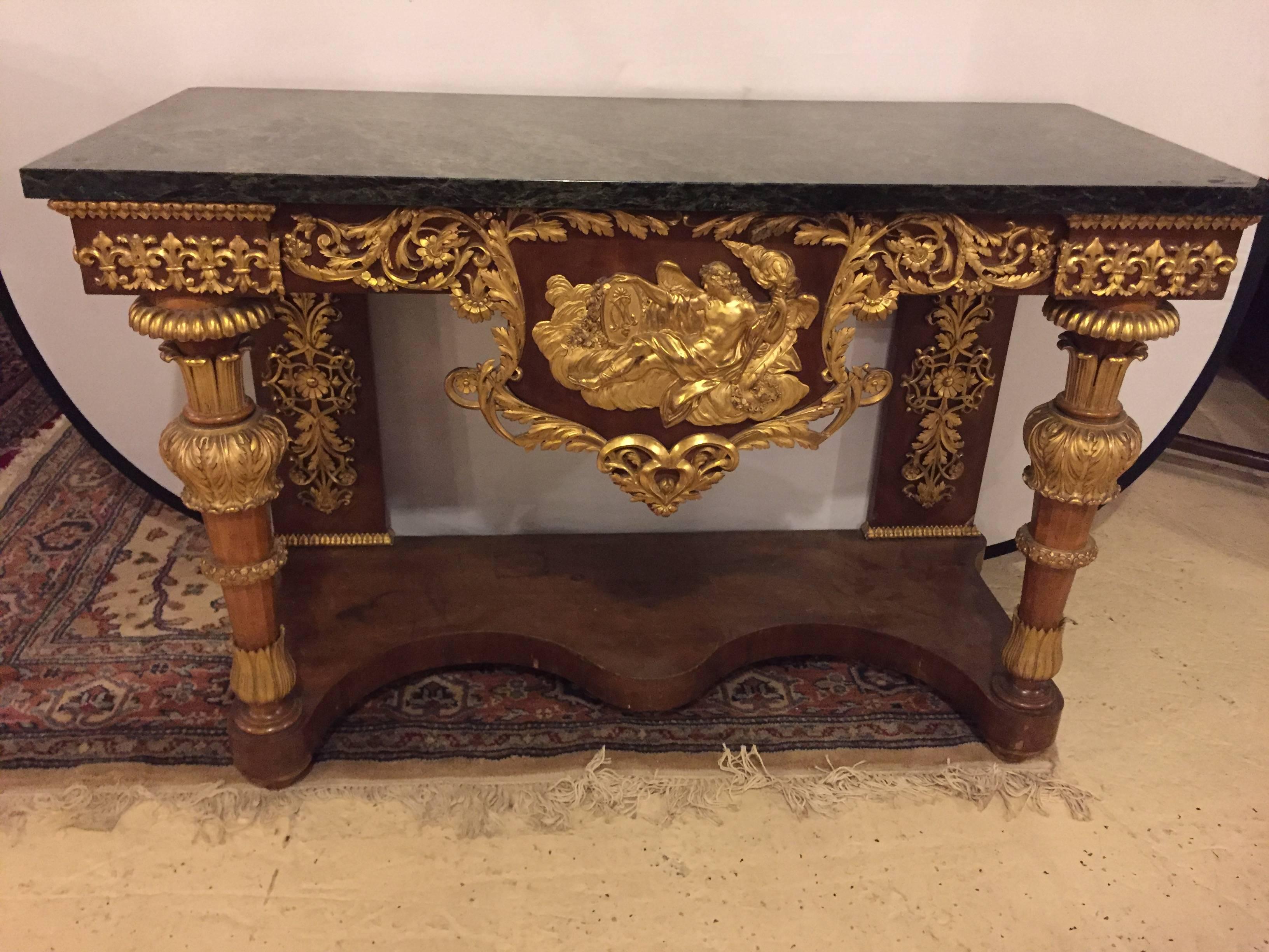 Mahogany 19th Century Empire Marble-Top Console Table with Greek God Design Front