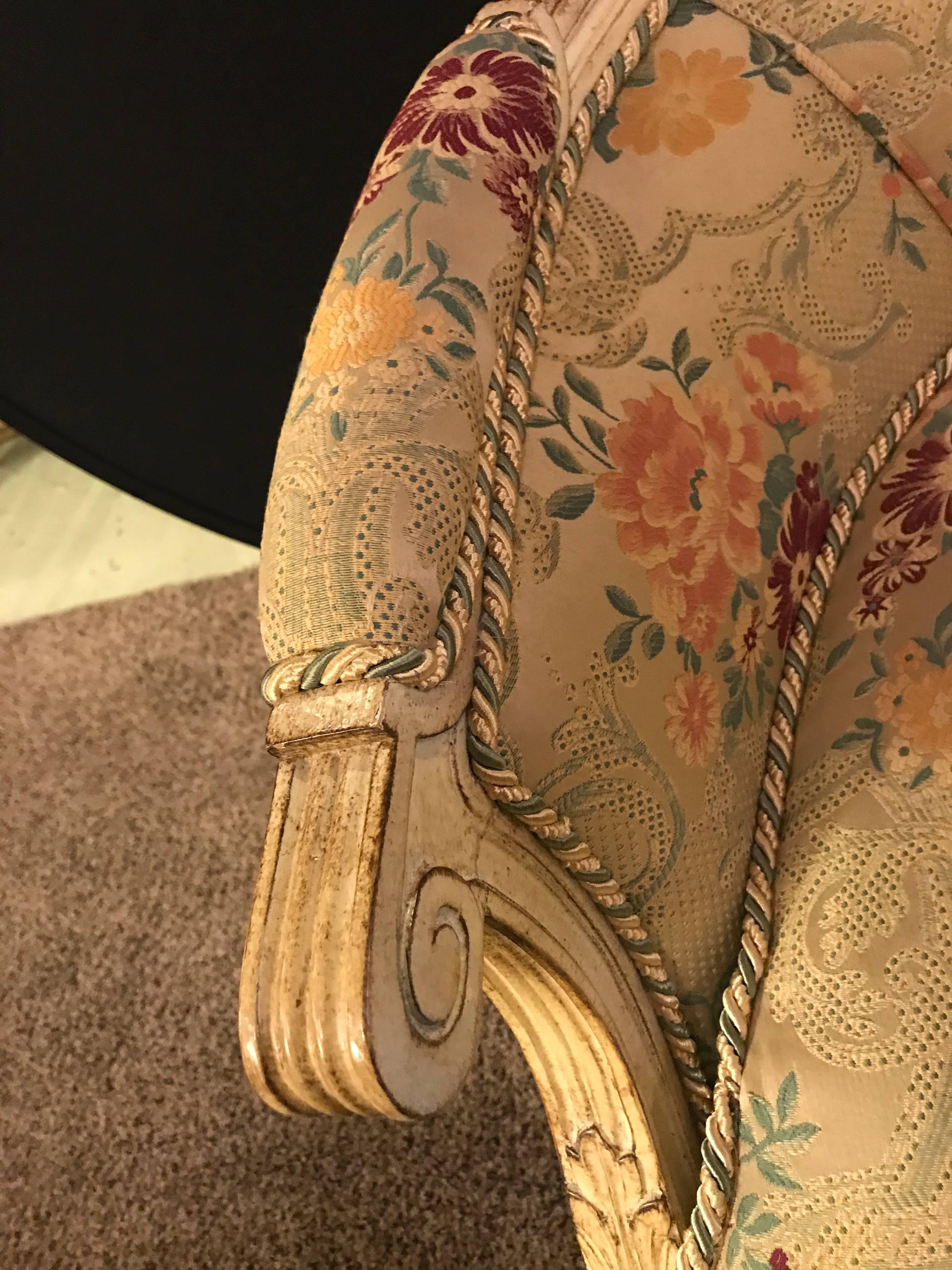 20th Century Pair of Louis XVI Style Cream Painted Bergères with Custom Floral Upholstery