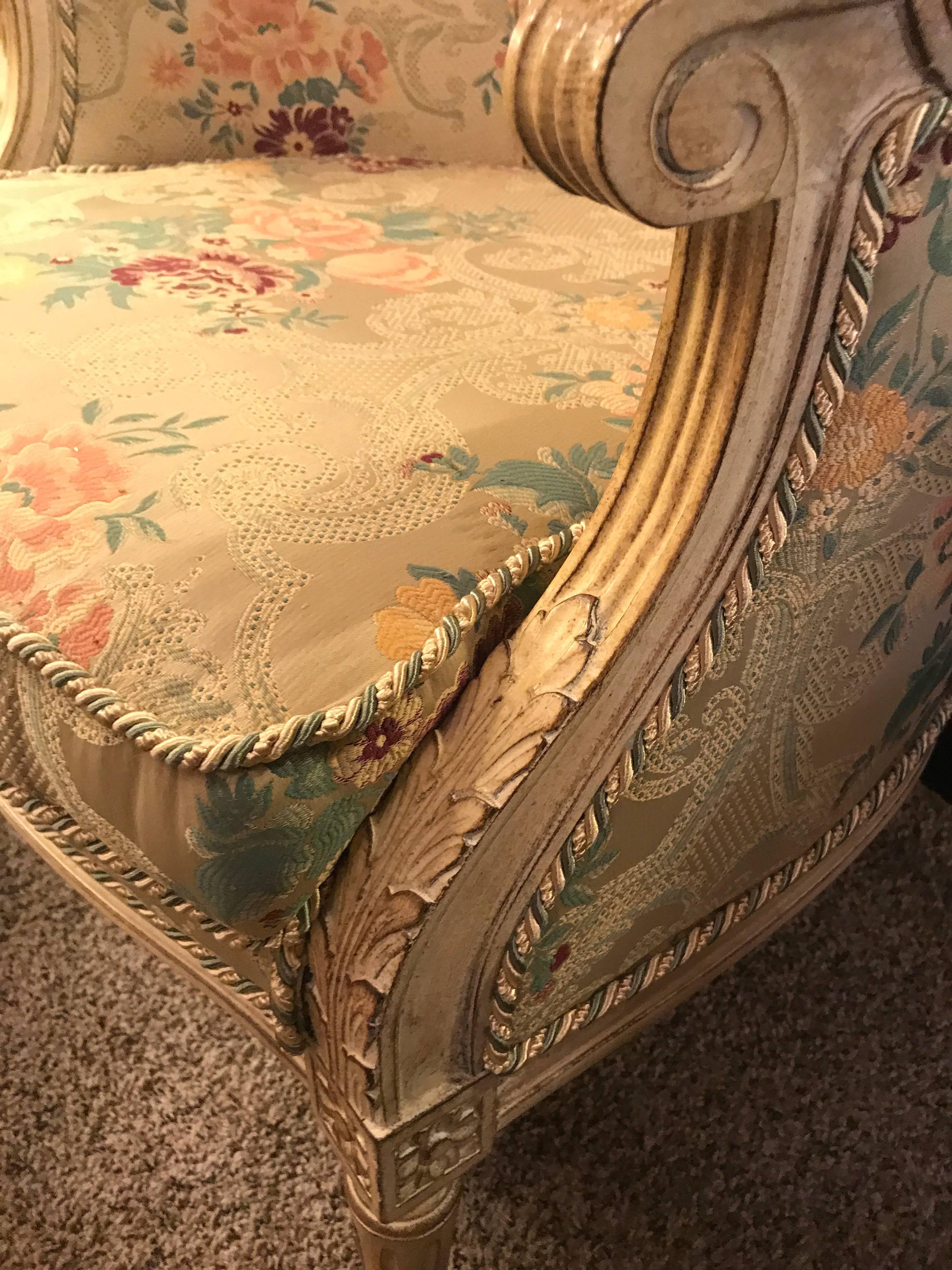 Pair of Louis XVI Style Cream Painted Bergères with Custom Floral Upholstery 2