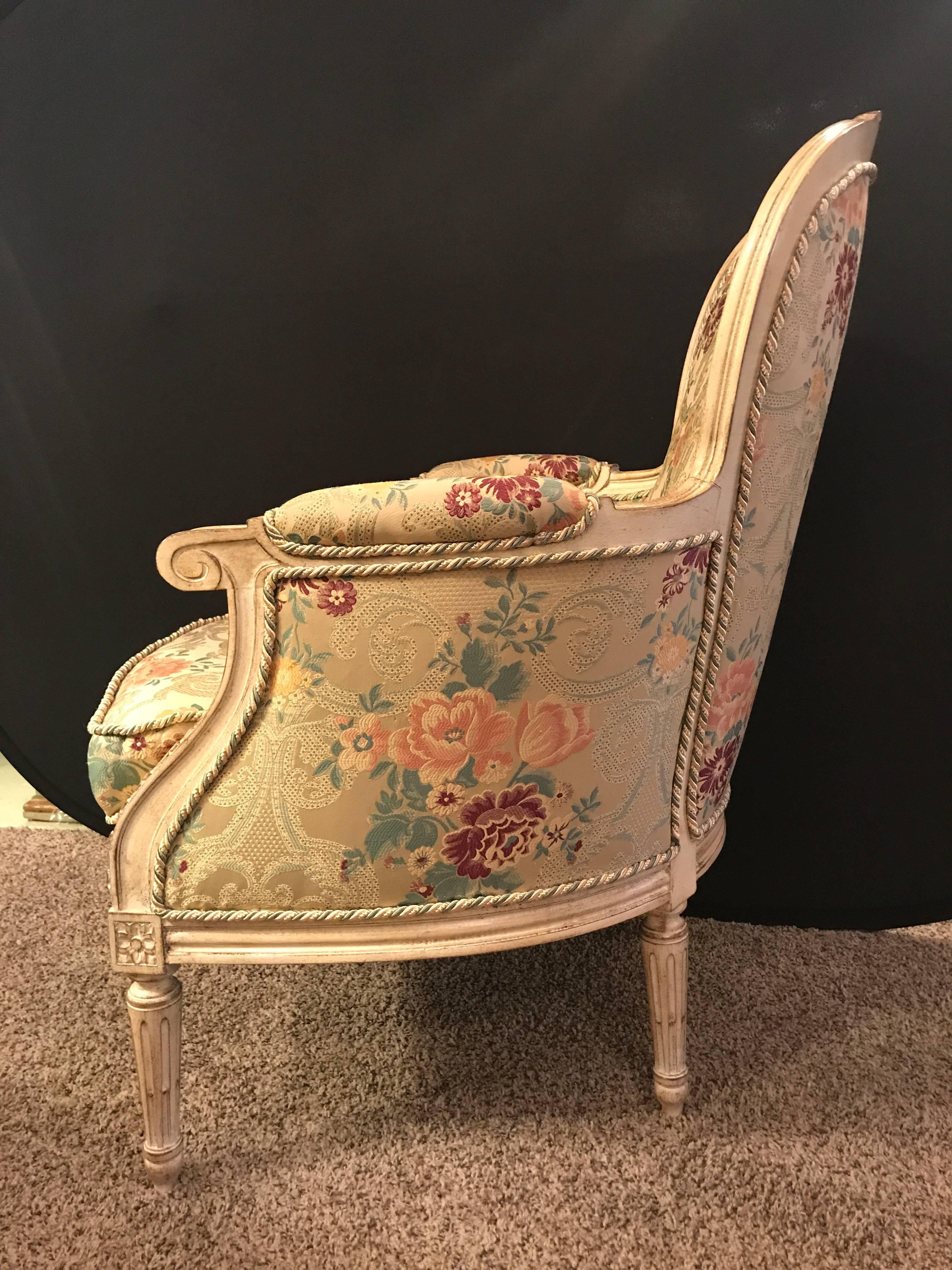 Pair of Louis XVI Style Cream Painted Bergères with Custom Floral Upholstery 3