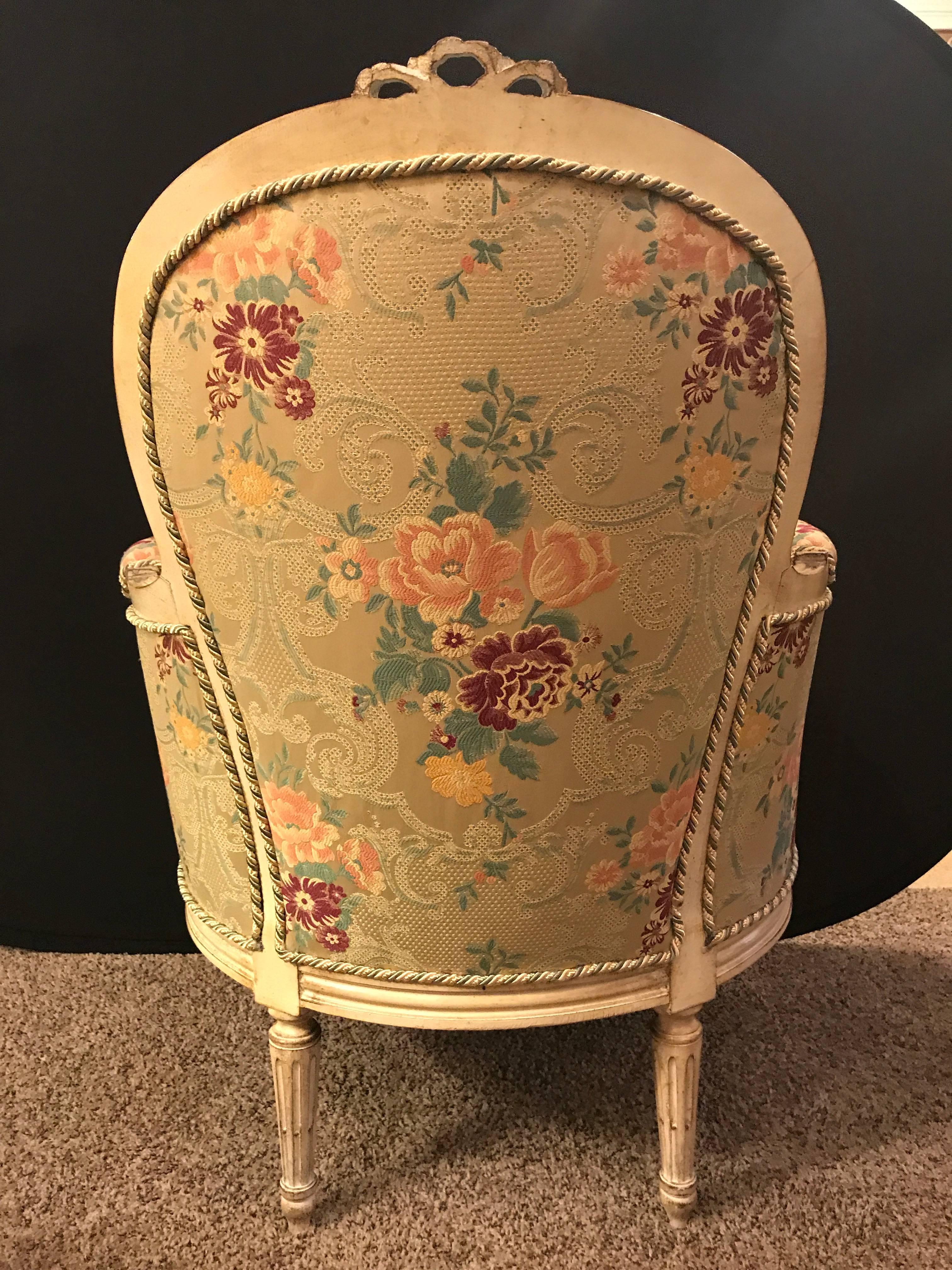 Pair of Louis XVI Style Cream Painted Bergères with Custom Floral Upholstery 4