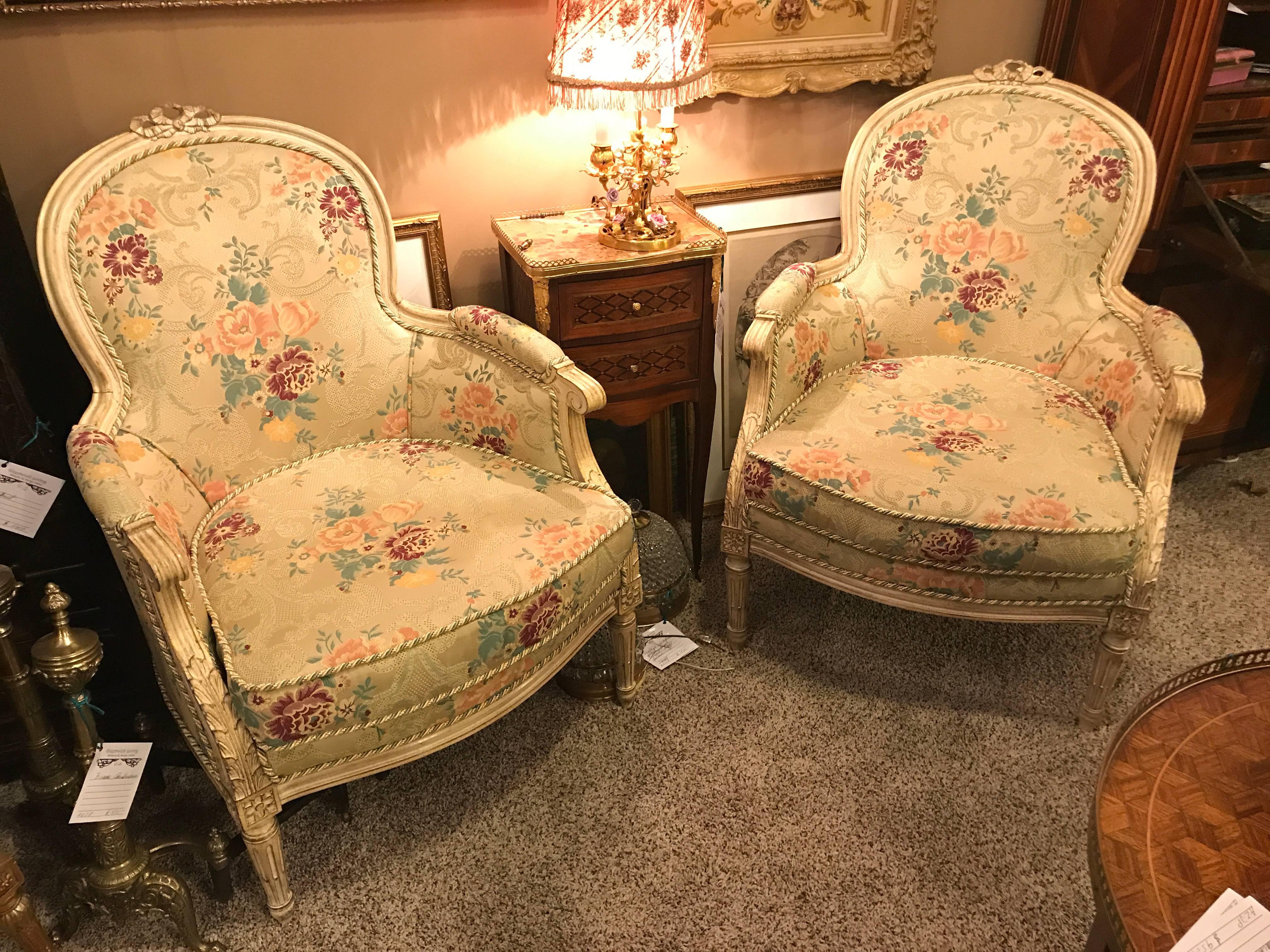 Pair of Louis XVI Style Cream Painted Bergères with Custom Floral Upholstery 5