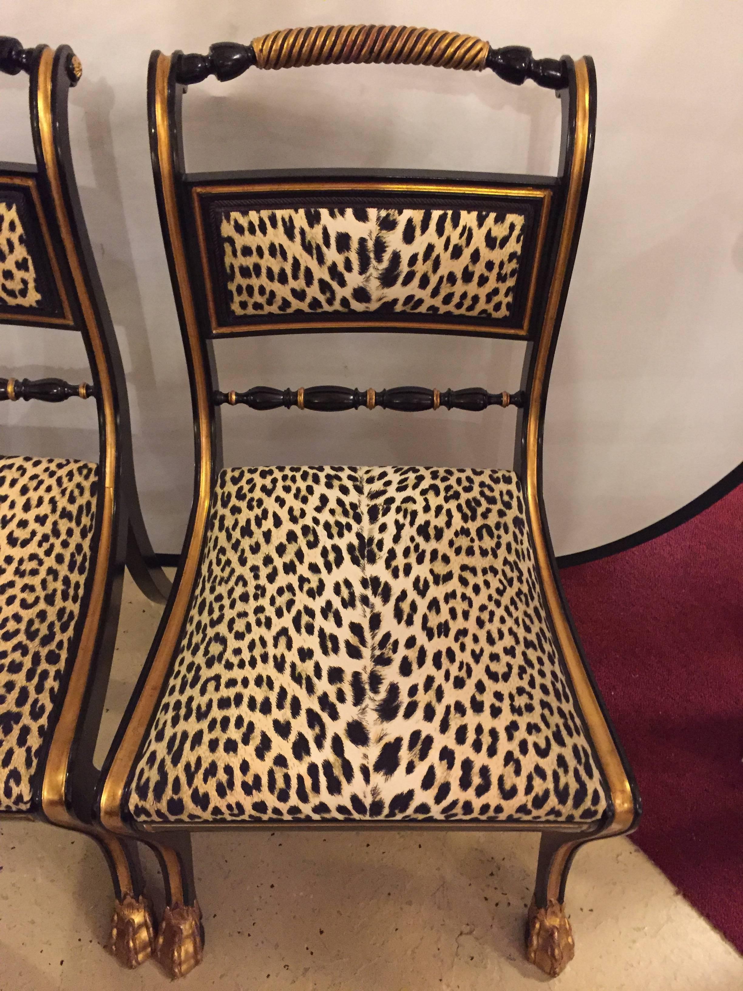 Hollywood Regency Two of a Set of 10 Ebonized and Gilt Gold Side Chairs