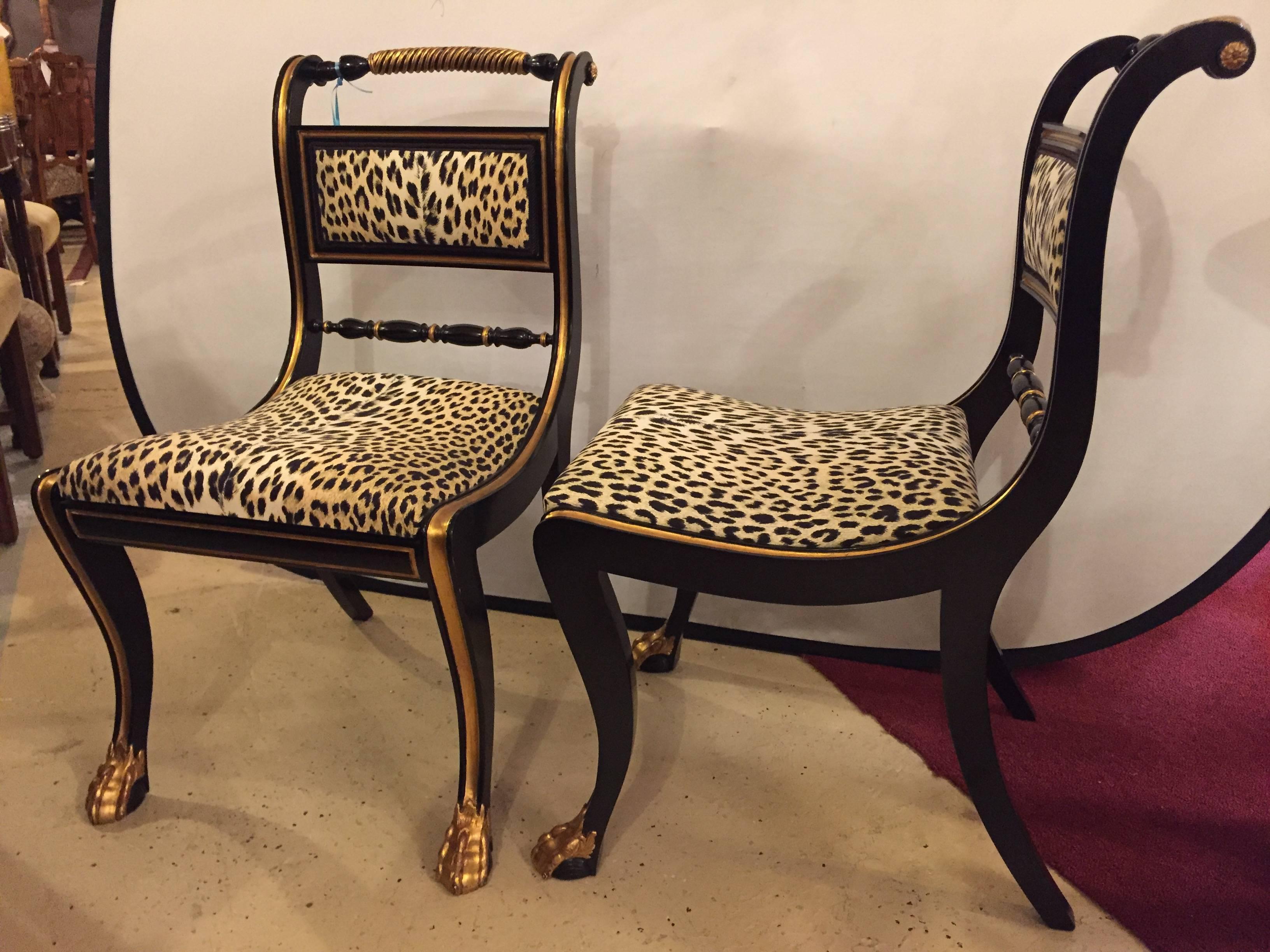 Two of a Set of 10 Ebonized and Gilt Gold Side Chairs 1