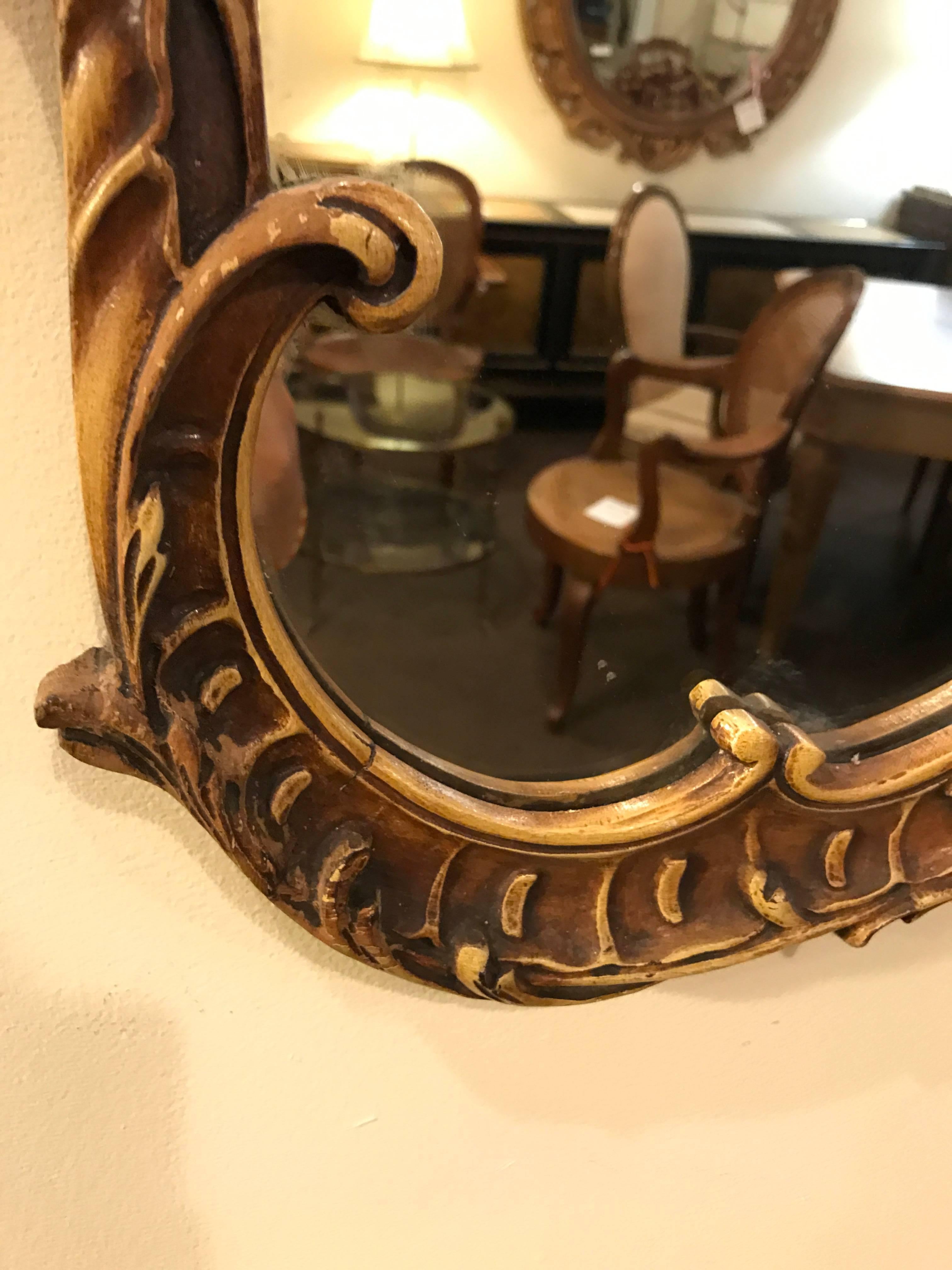 20th Century Pair of Italian Gilt and Distressed Decorated Italian Wooden Mirrors