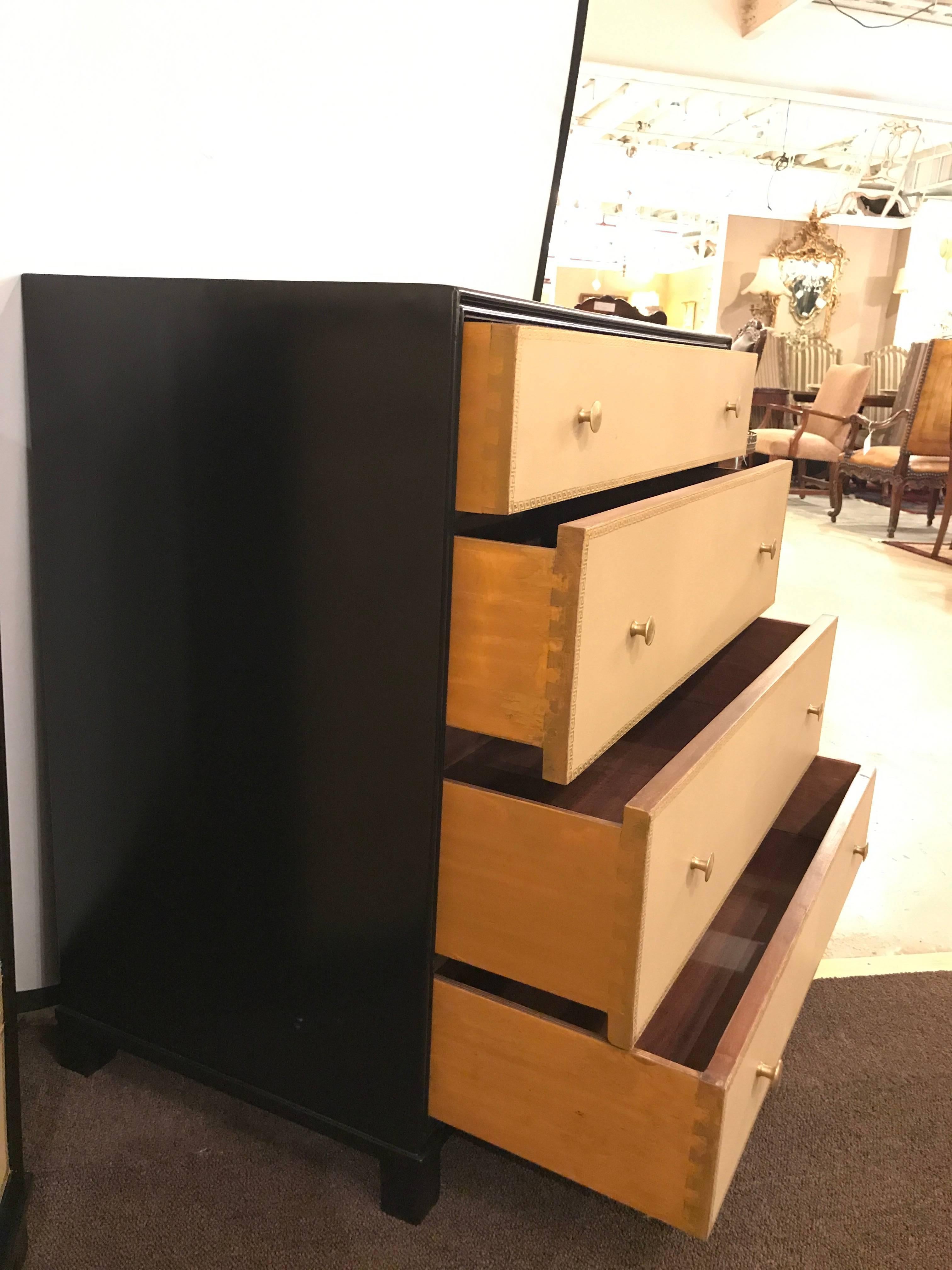 Pair of Tommi Parzinger Style Four-Drawer Leather Front Chests In Good Condition In Stamford, CT