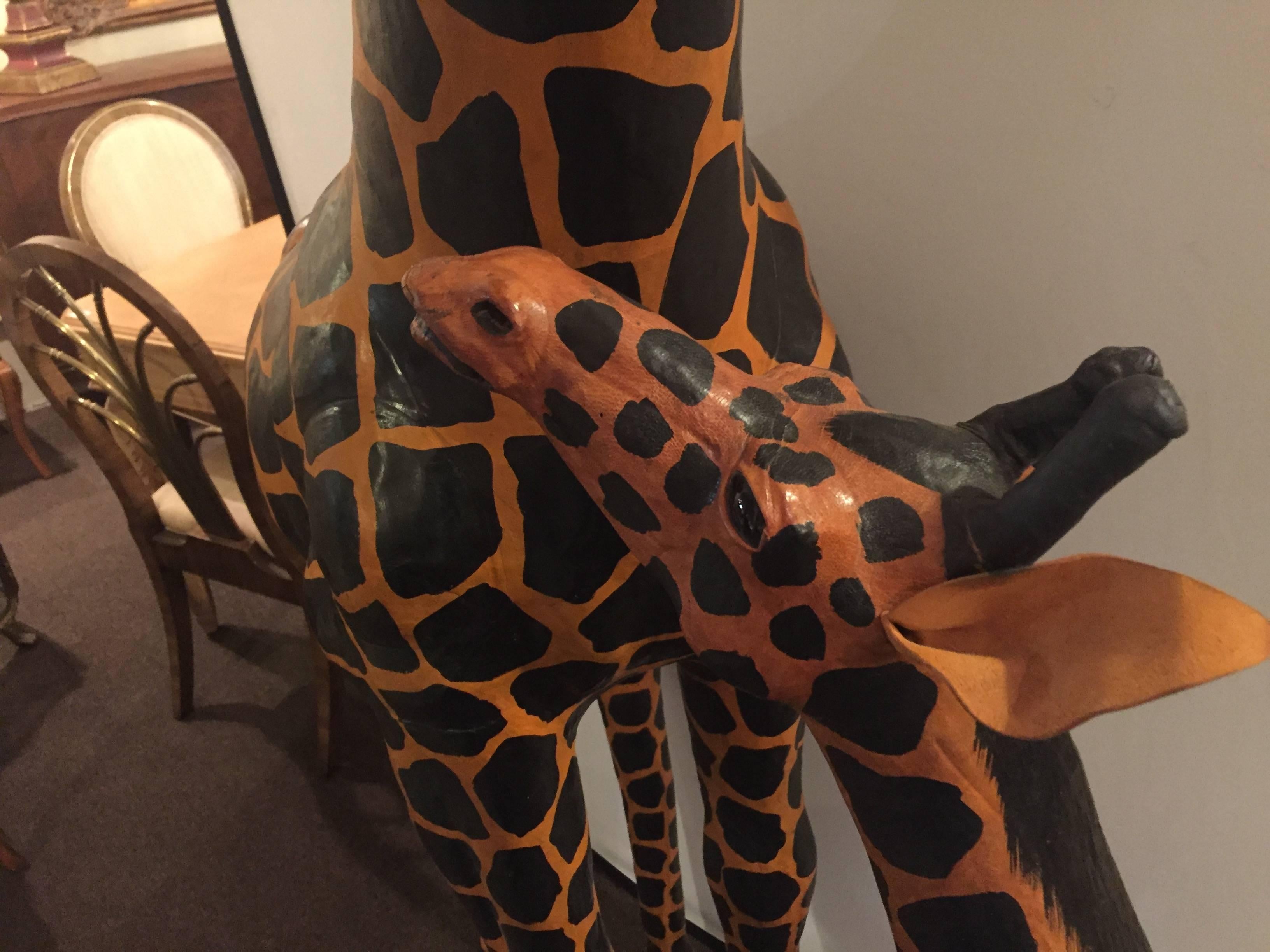Pair of Life-Size Giraffes Each Made of Painted Leather 1