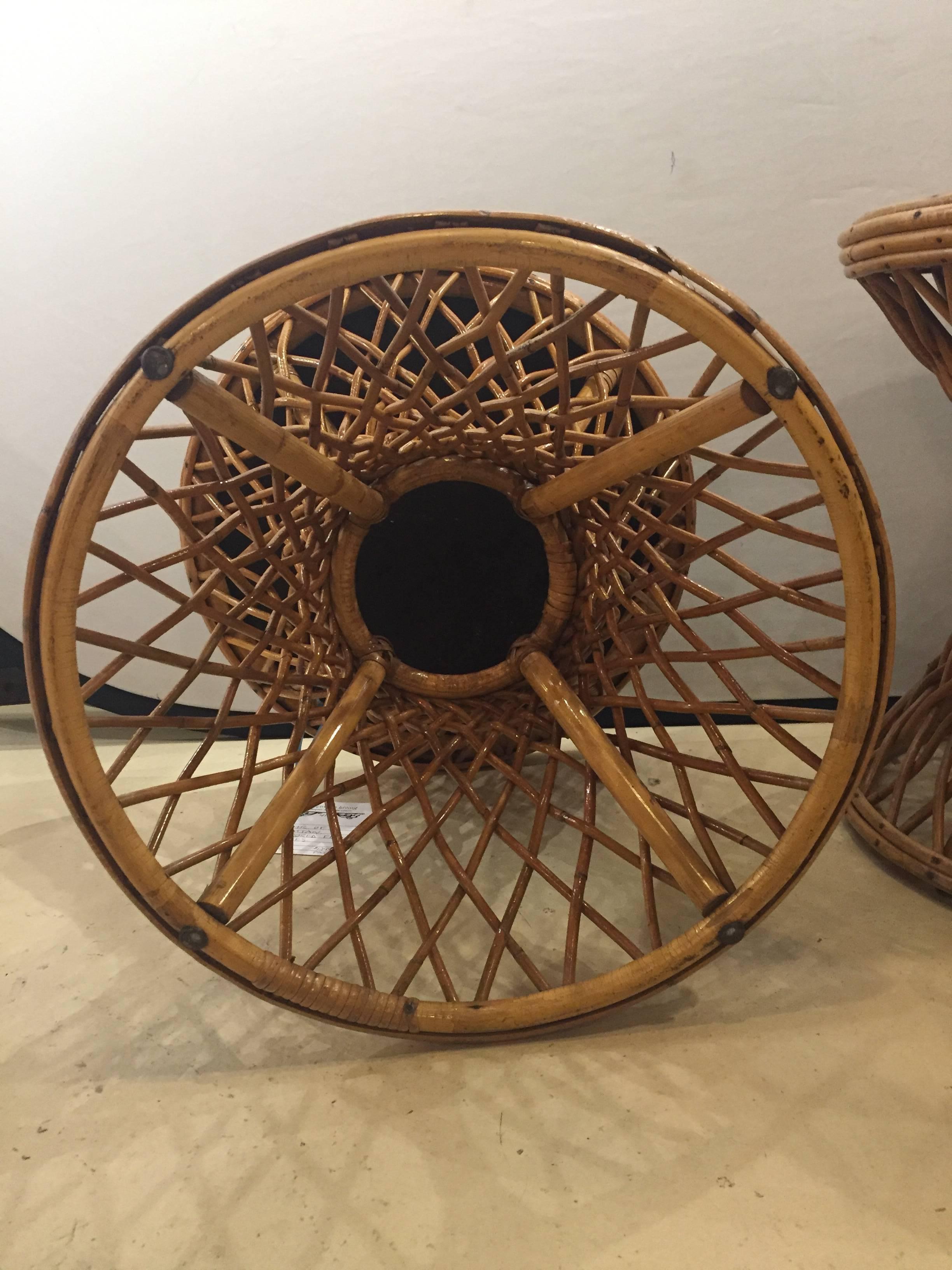 20th Century Pair of Rattan Mirrored Top End Tables