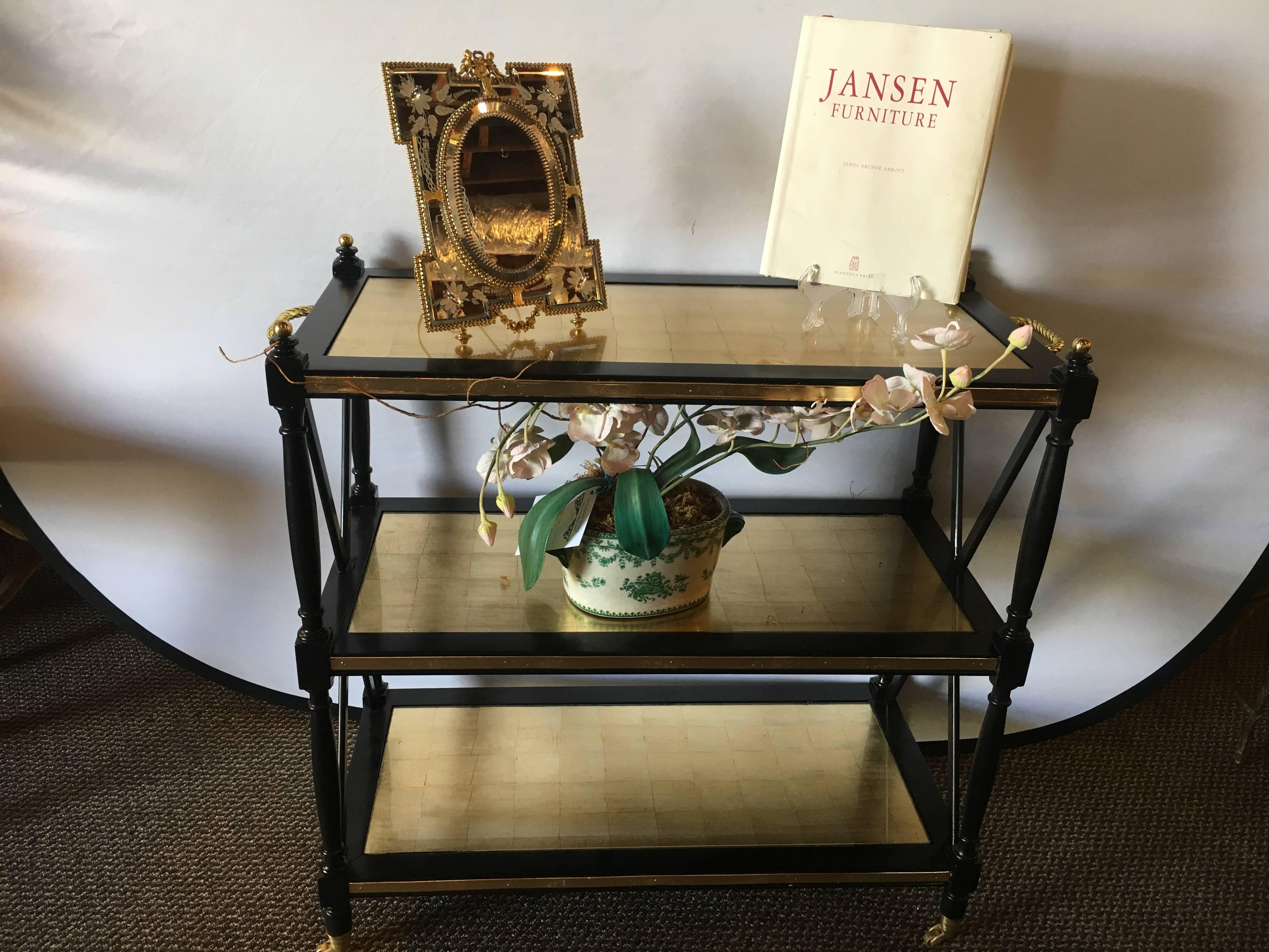 Hollywood Regency A Pair Ebony Gilt Glass Bronze Mounted Jansen Style Tea Serving Carts /  Wagons