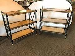 A Pair Ebony Gilt Glass Bronze Mounted Jansen Style Tea Serving Carts /  Wagons